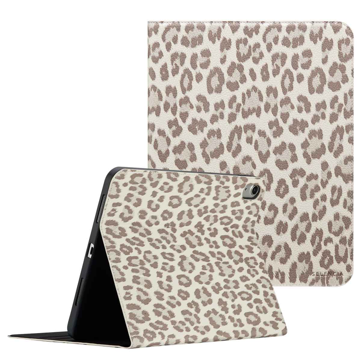 Selencia Sabi Bookcase met panterprint voor de Apple iPad 11 (2025) 11 inch A16 / iPad 10 (2022) 10.9 inch - Soft Ivory