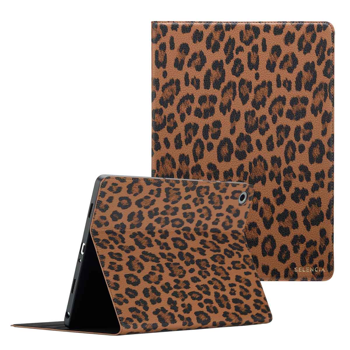 Selencia Sabi Bookcase met panterprint voor de Samsung Galaxy Tab A9 Plus - Mocha Brown