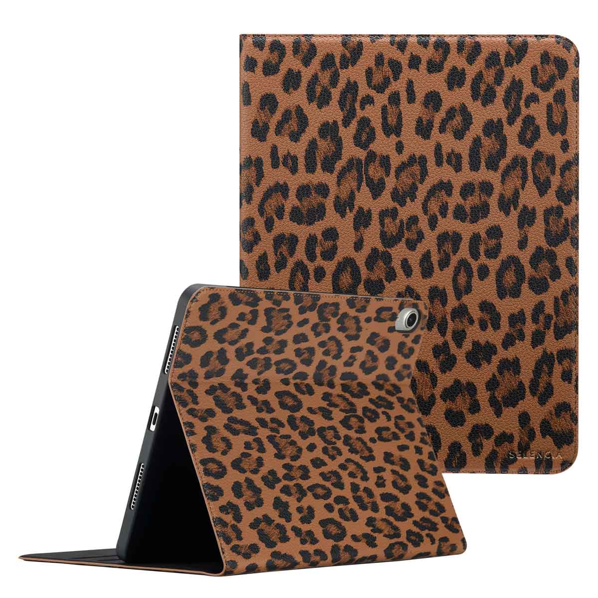 Selencia Sabi Bookcase met panterprint voor de Apple iPad Air 11 inch (2026) M4 / (2025) M3 / (2024) M2 / Air 5 (2022) / Air 4 (2020) - Mocha Brown
