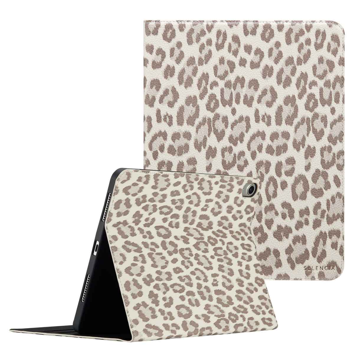 Selencia Sabi Bookcase met panterprint voor de Apple iPad Air 11 inch (2026) M4 / (2025) M3 / (2024) M2 / Air 5 (2022) / Air 4 (2020) - Soft Ivory