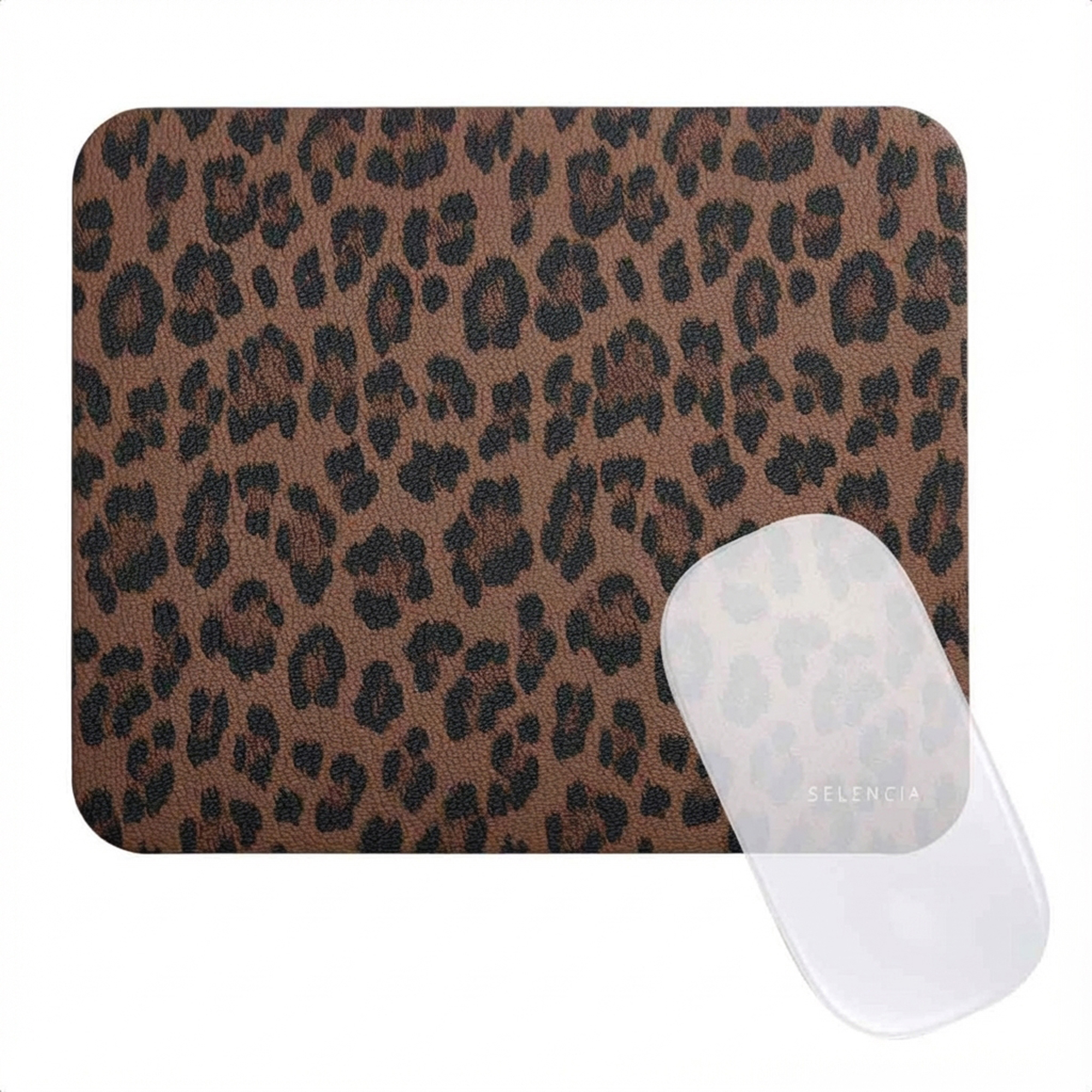 Selencia Sabi Kunstleren Muismat met Panterprint - 20 x 24 cm - Mocha Brown