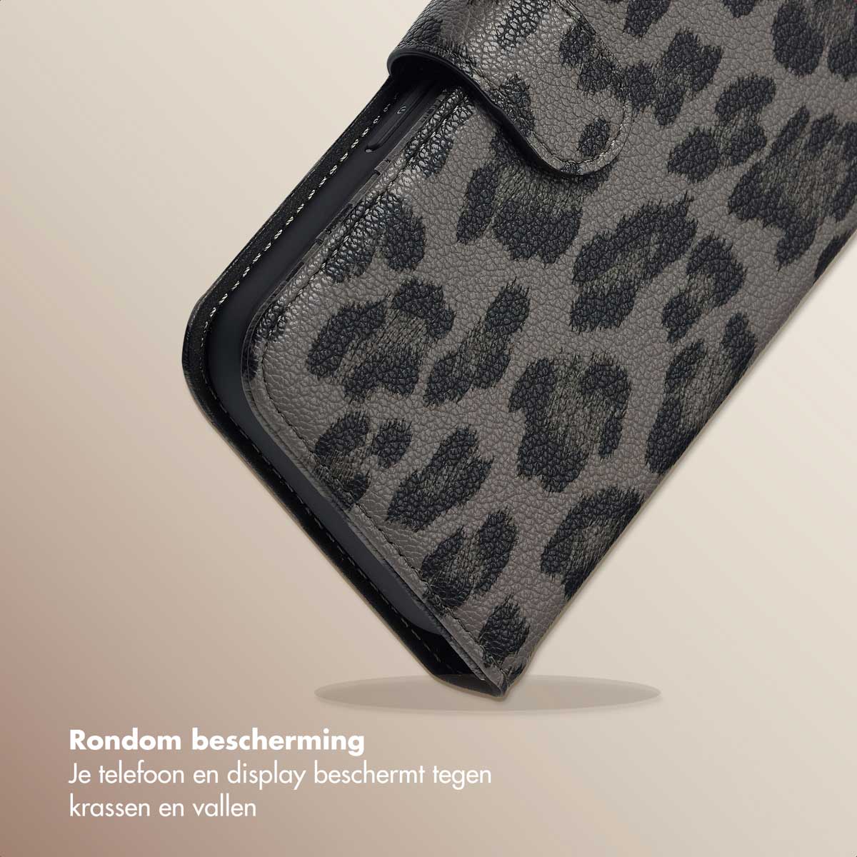 Selencia Sabi Bookcase met Panterprint voor de Apple iPhone 16 - Midnight Black