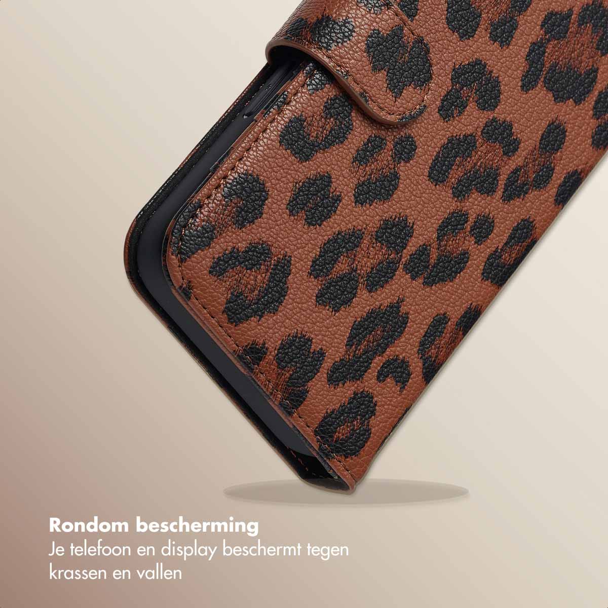 Selencia Sabi Bookcase met Panterprint voor de Apple iPhone 17e / 16e - Mocha Brown