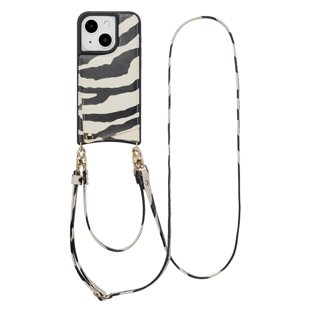 Selencia Nova Telefoonhoes met Koord en Pashouder voor de Apple iPhone 15 - Zazzy Zebra