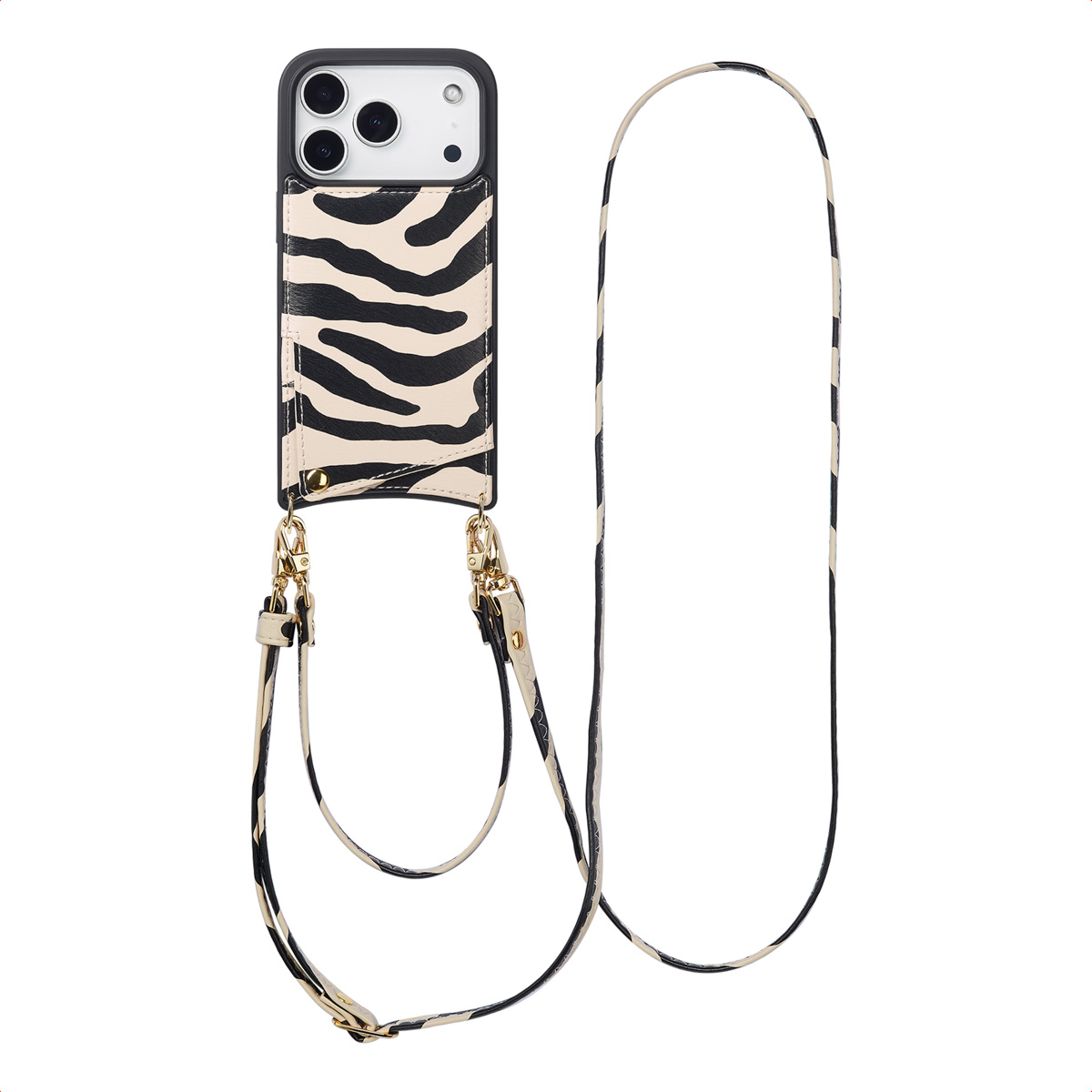 Selencia Nova Telefoonhoes met Koord en Pashouder voor de Apple iPhone 17 Pro - Zazzy Zebra