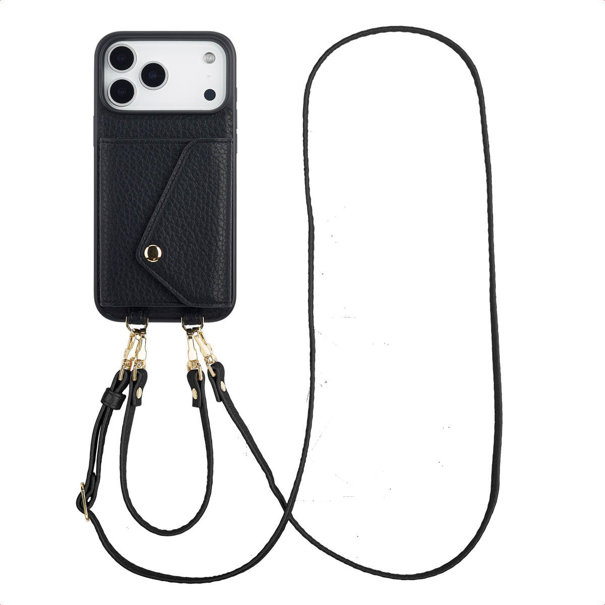 Selencia Sera Telefoonhoes met Koord en Envelop Pashouder voor de Apple iPhone 17 Pro Max - Zwart