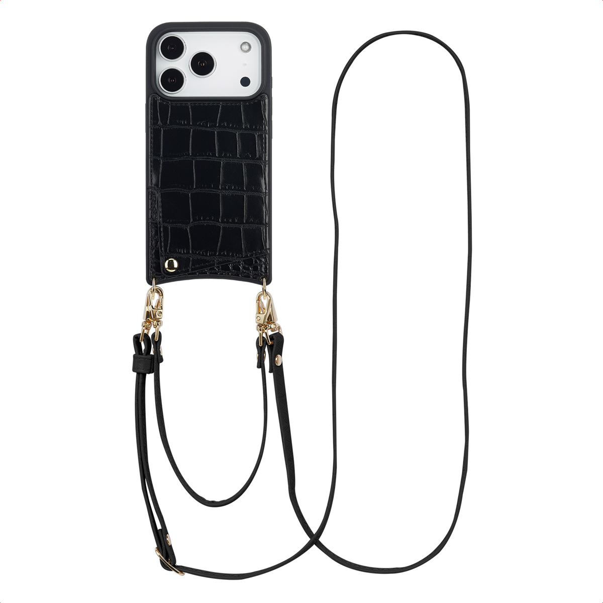 Selencia Nova Croco Telefoonhoes met Koord en Pashouder voor de Apple iPhone 17 Pro - Zwart