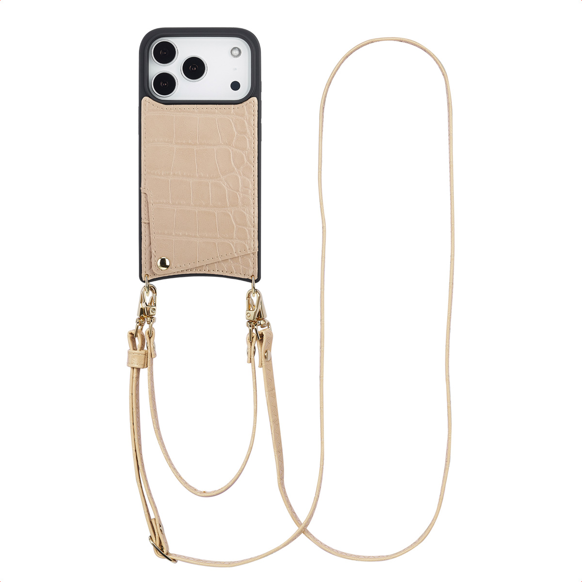 Selencia Nova Croco Telefoonhoes met Koord en Pashouder voor de Apple iPhone 17 Pro - Beige