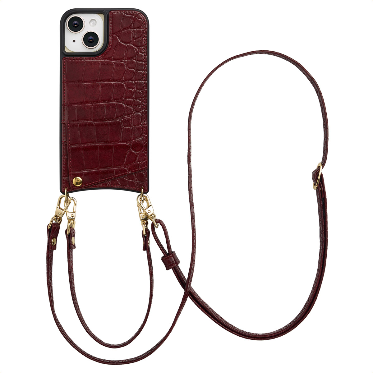 Selencia Nova Croco Telefoonhoes met Koord en Pashouder voor de Apple iPhone 15 - Burgundy