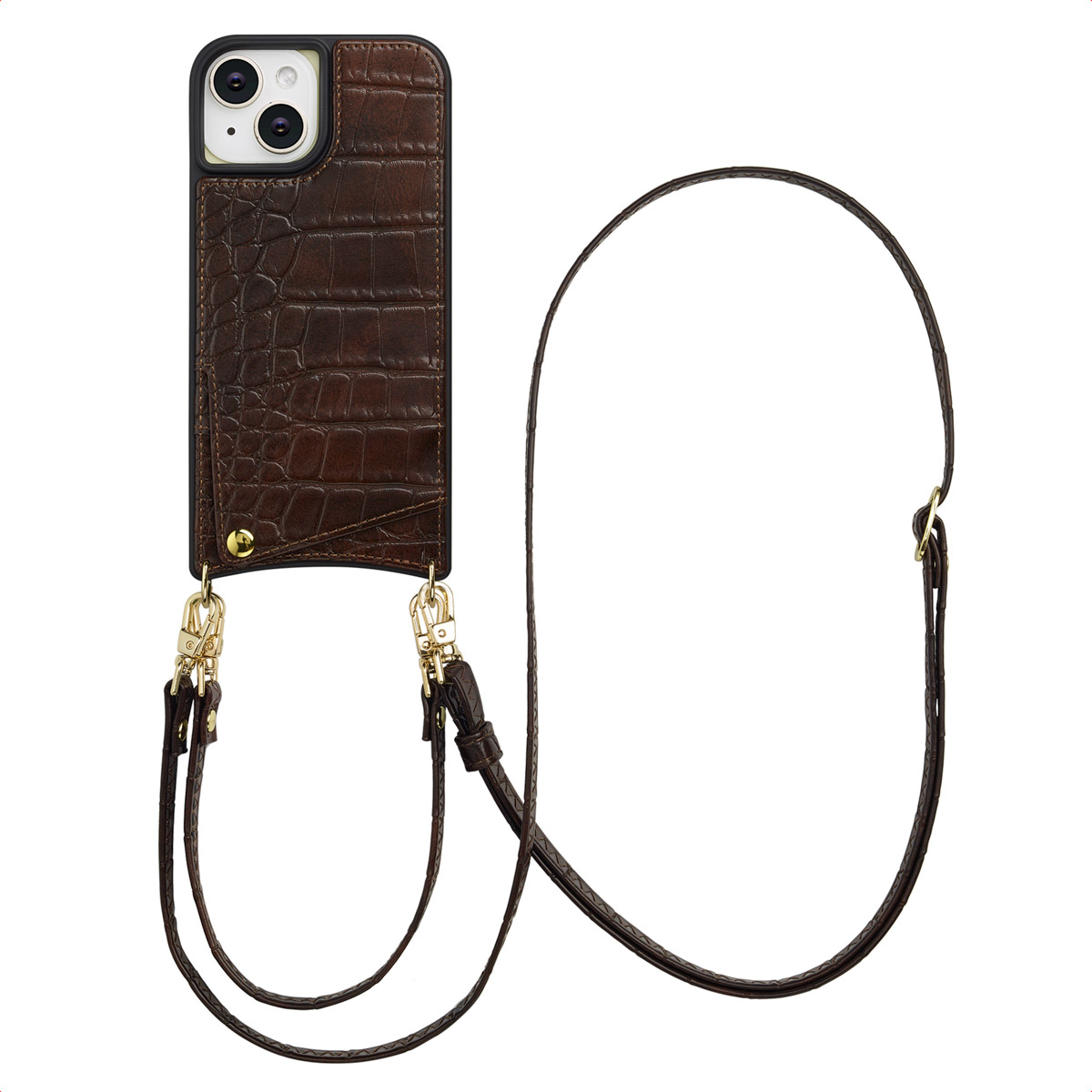 Selencia Nova Croco Telefoonhoes met Koord en Pashouder voor de Apple iPhone 15 - Choco Brown