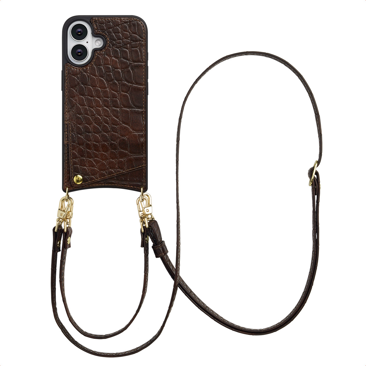 Selencia Nova Croco Telefoonhoes met Koord en Pashouder voor de Apple iPhone 16 - Choco Brown