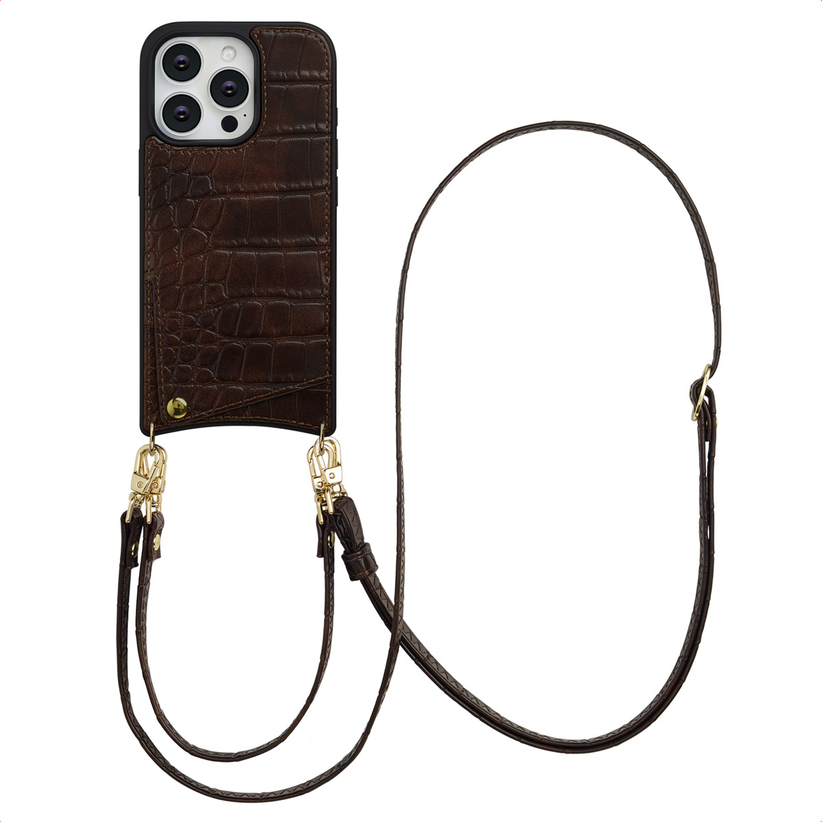 Selencia Nova Croco Telefoonhoes met Koord en Pashouder voor de Apple iPhone 16 Pro - Choco Brown