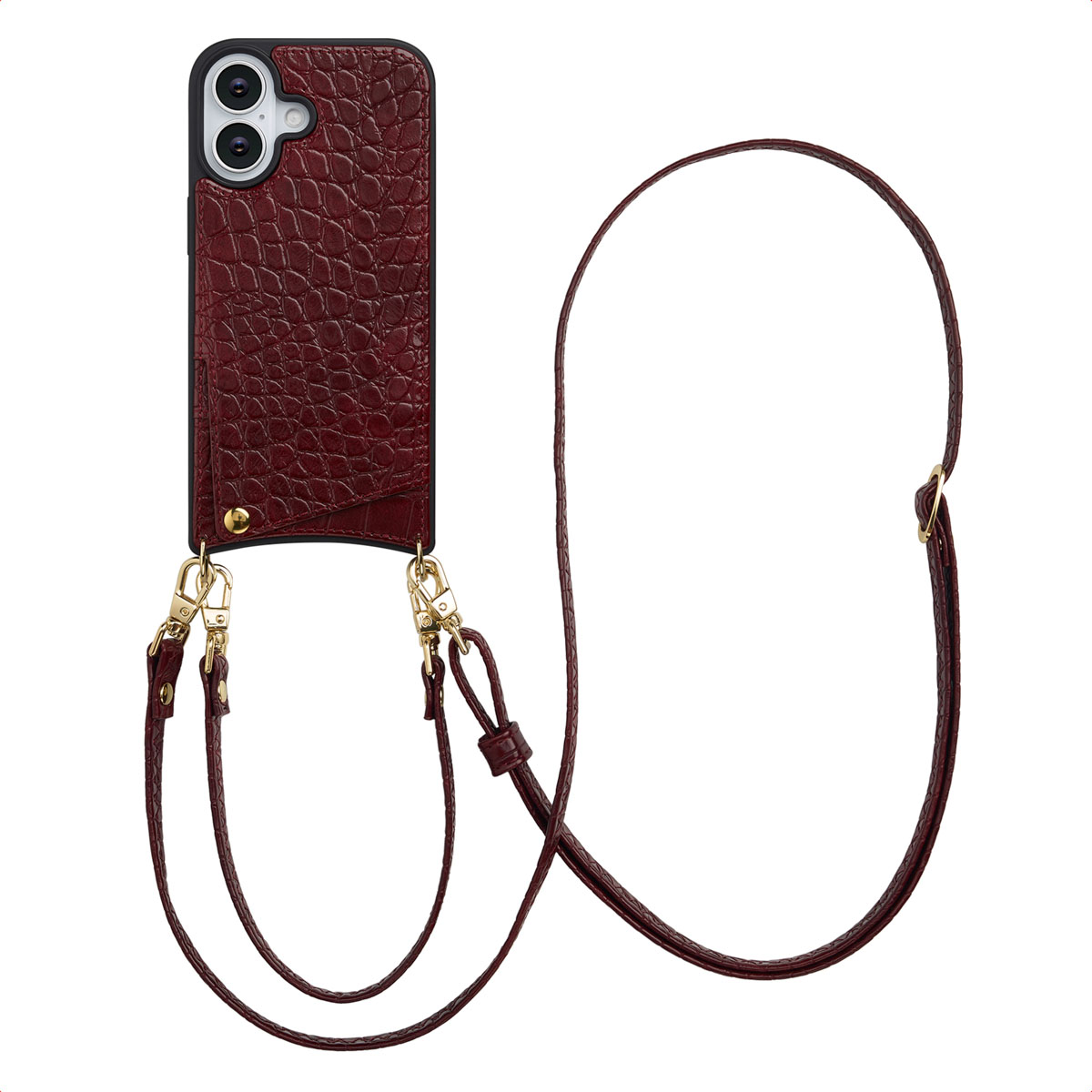 Selencia Nova Croco Telefoonhoes met Koord en Pashouder voor de Apple iPhone 17 - Burgundy
