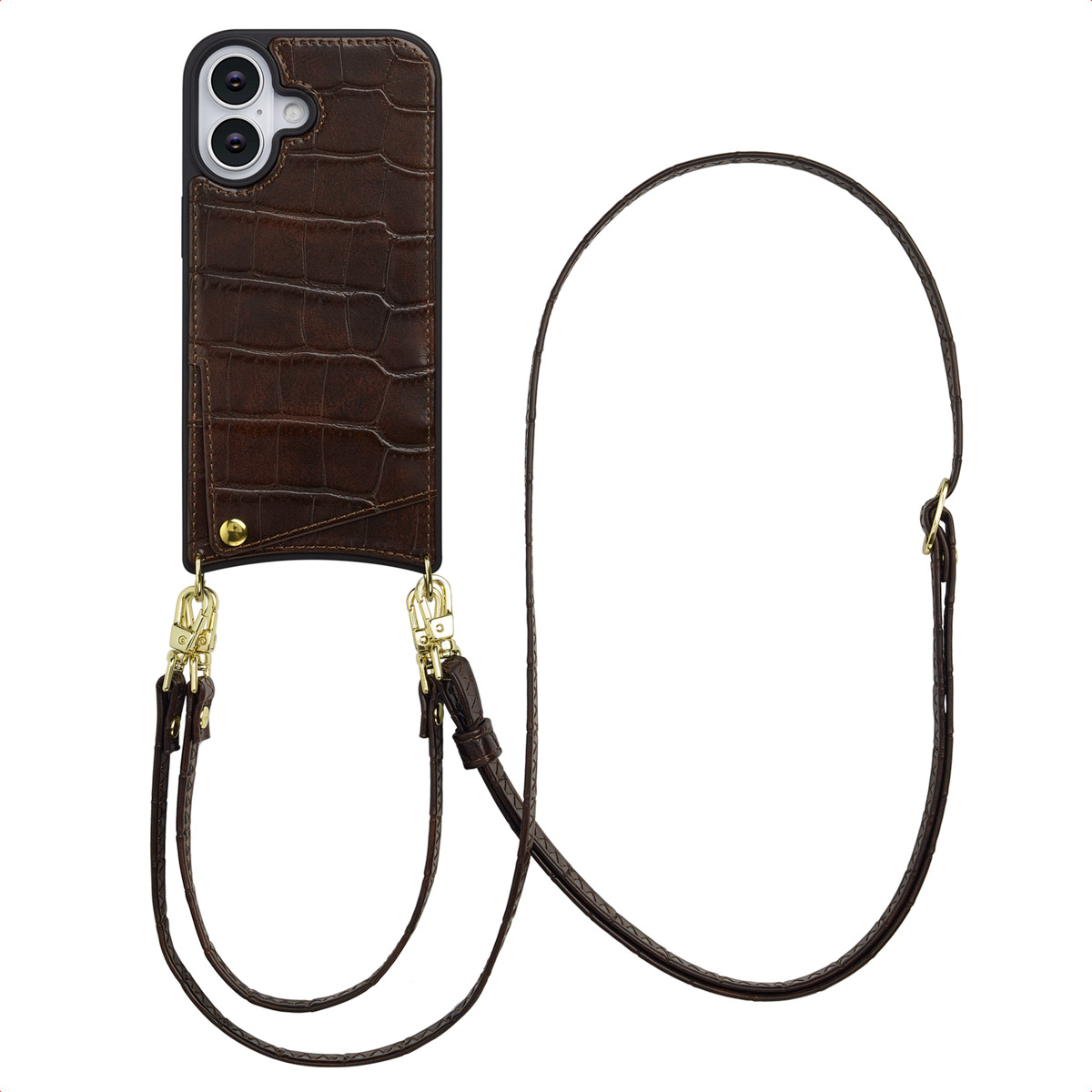 Selencia Nova Croco Telefoonhoes met Koord en Pashouder voor de Apple iPhone 17 - Choco Brown
