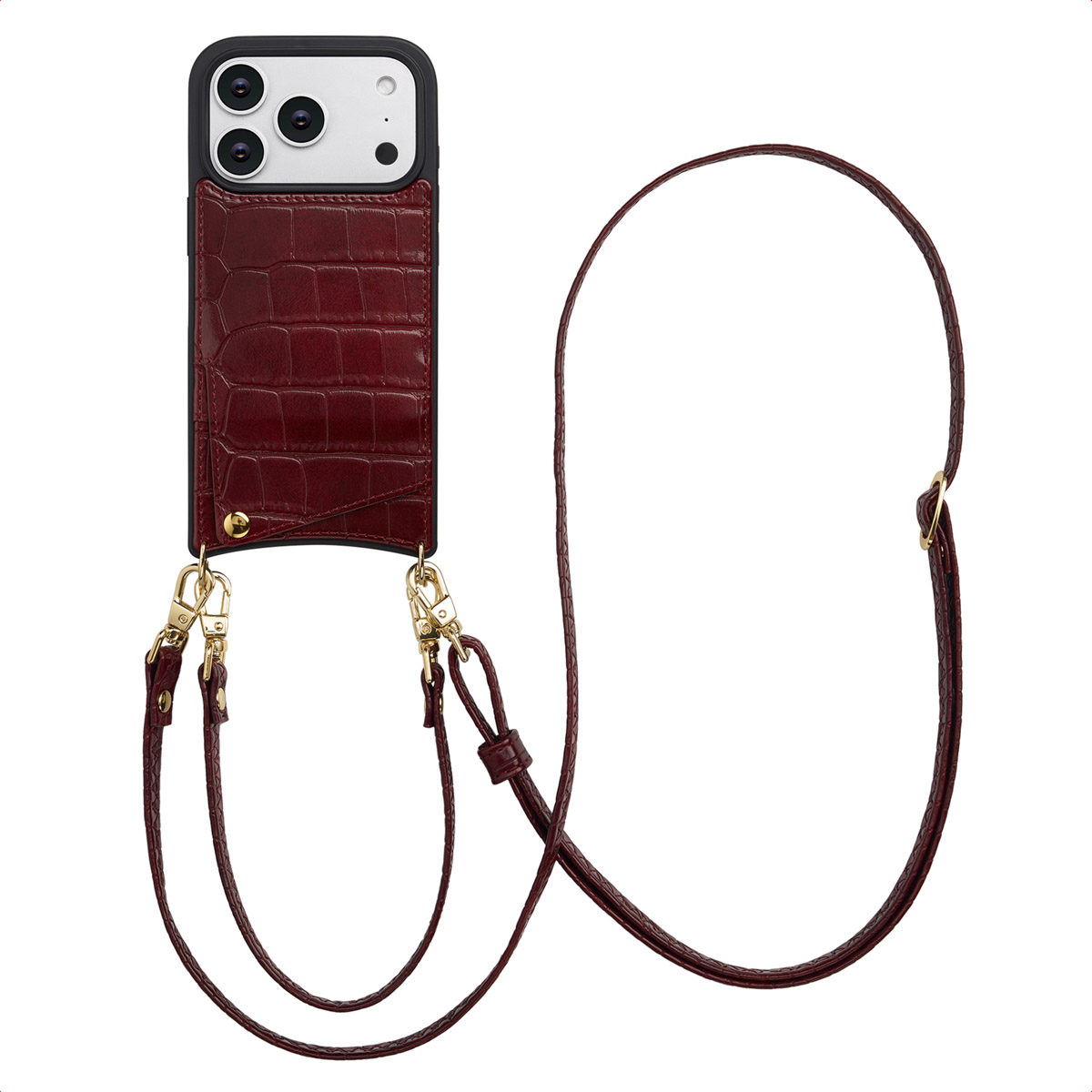 Selencia Nova Croco Telefoonhoes met Koord en Pashouder voor de Apple iPhone 17 Pro - Burgundy
