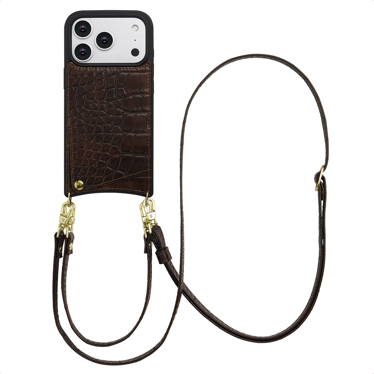 Selencia Nova Croco Telefoonhoes met Koord en Pashouder voor de Apple iPhone 17 Pro - Choco Brown