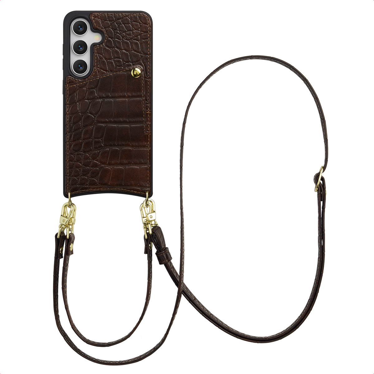 Selencia Nova Croco Telefoonhoes met Koord en Pashouder voor de Samsung Galaxy S25 / S24 - Choco Brown