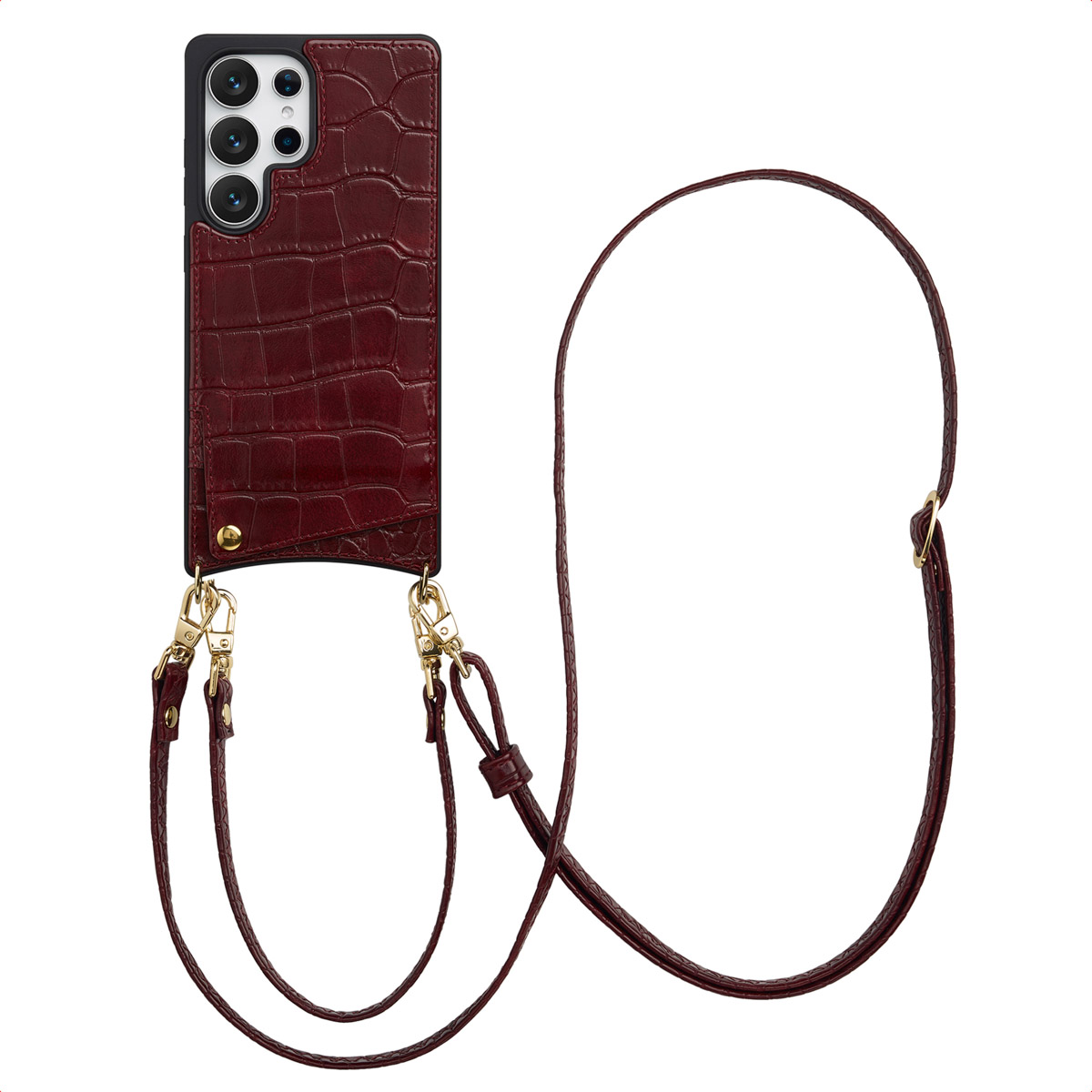 Selencia Nova Croco Telefoonhoes met Koord en Pashouder voor de Samsung Galaxy S25 Ultra - Burgundy