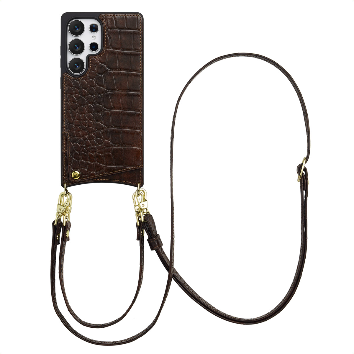 Selencia Nova Croco Telefoonhoes met Koord en Pashouder voor de Samsung Galaxy S25 Ultra - Choco Brown