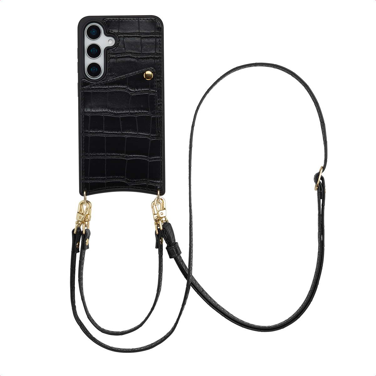 Selencia Nova Croco Telefoonhoes met Koord en Pashouder voor de Samsung Galaxy S25 / S24 - Zwart