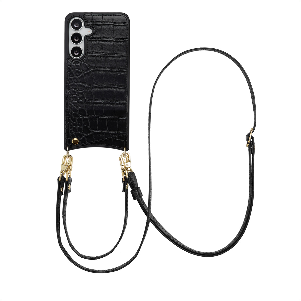 Selencia Nova Croco Telefoonhoes met Koord en Pashouder voor de Samsung Galaxy S25 FE - Zwart