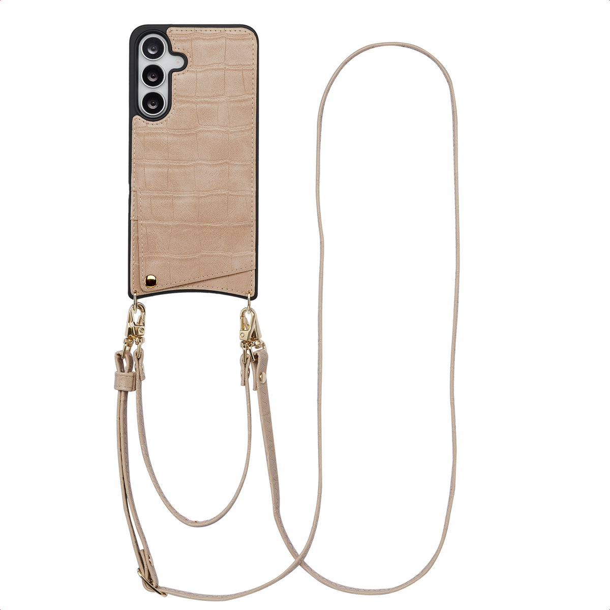 Selencia Nova Croco Telefoonhoes met Koord en Pashouder voor de Samsung Galaxy S25 FE - Beige