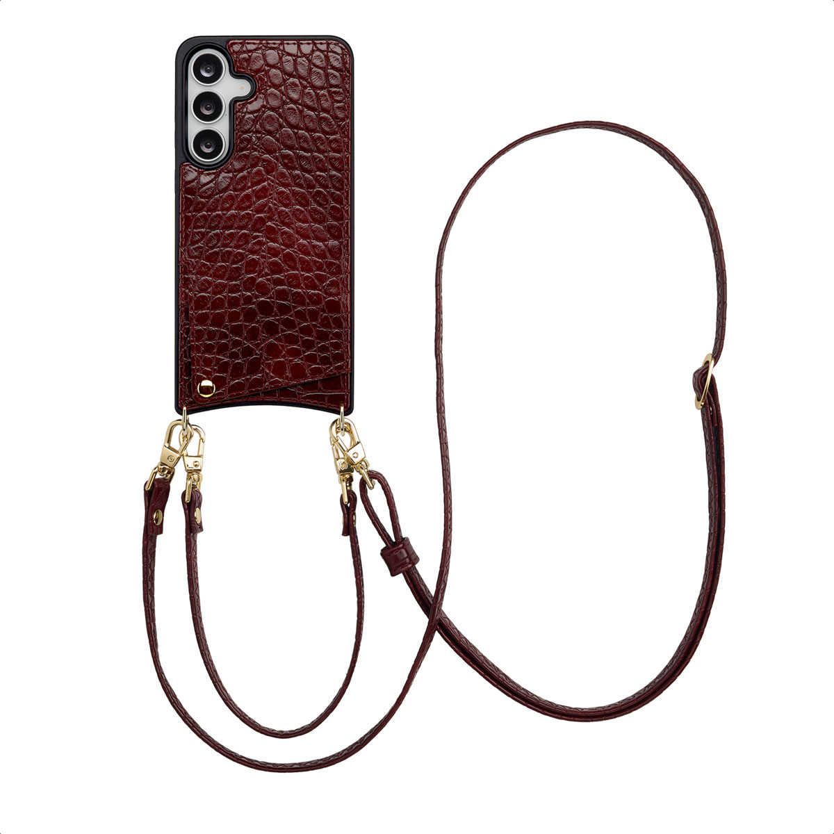 Selencia Nova Croco Telefoonhoes met Koord en Pashouder voor de Samsung Galaxy S25 FE - Burgundy