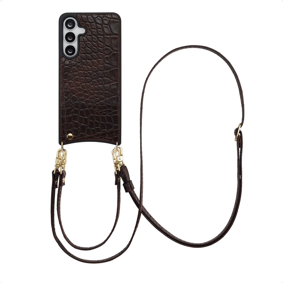Selencia Nova Croco Telefoonhoes met Koord en Pashouder voor de Samsung Galaxy S25 FE - Choco Brown