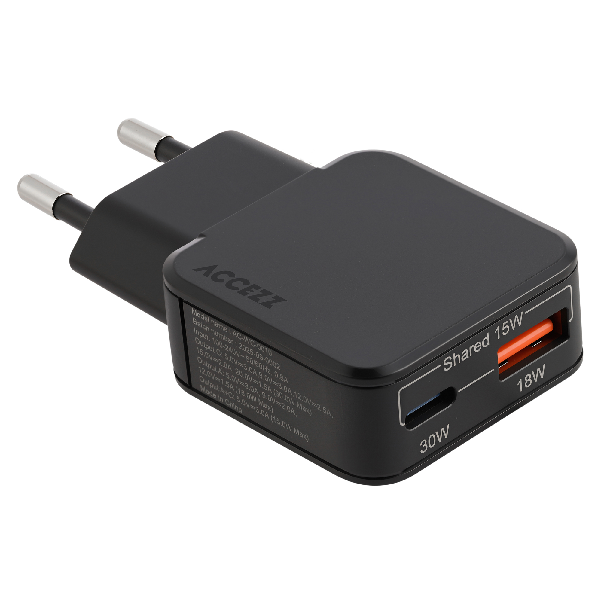 Accezz Ultra Slim GaN Oplader - USB-C + USB-A - 30W - Zwart