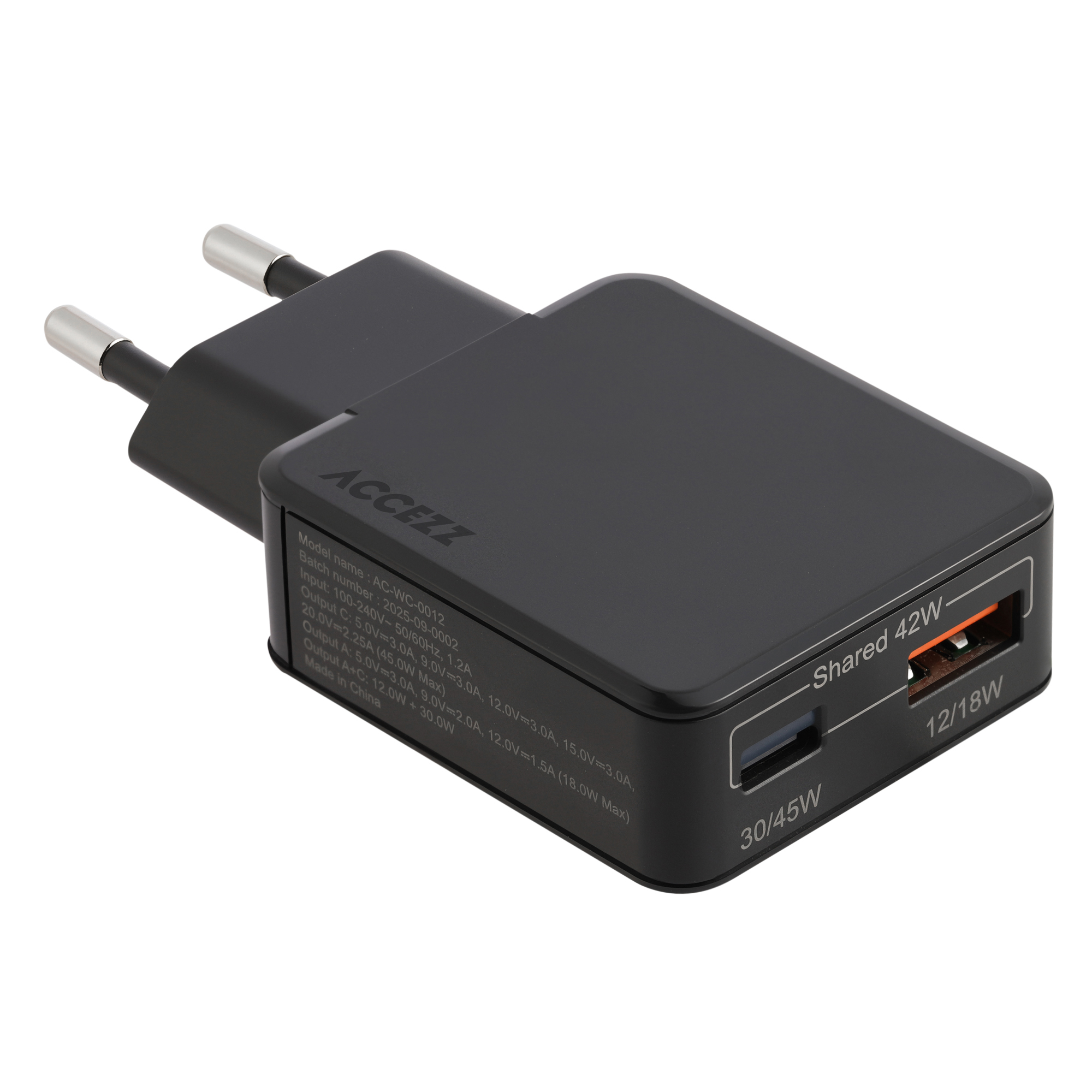 Accezz Ultra Slim GaN Oplader - USB-C + USB-A - 45W - Zwart