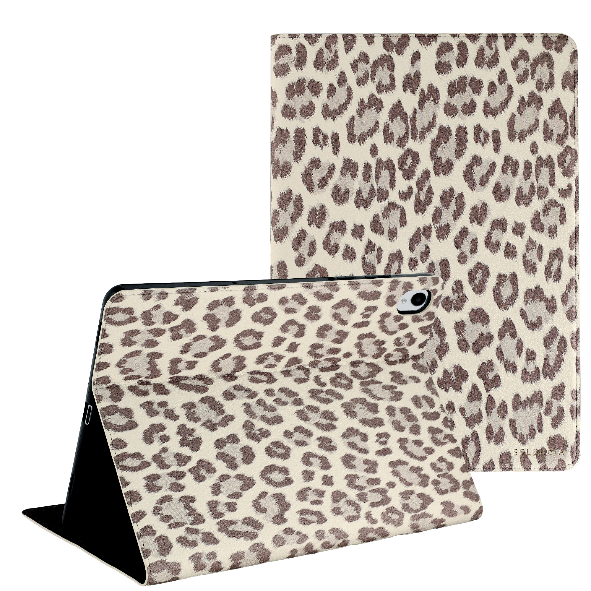 Selencia Sabi Bookcase met panterprint voor de Samsung Galaxy Tab S11 - Soft Ivory