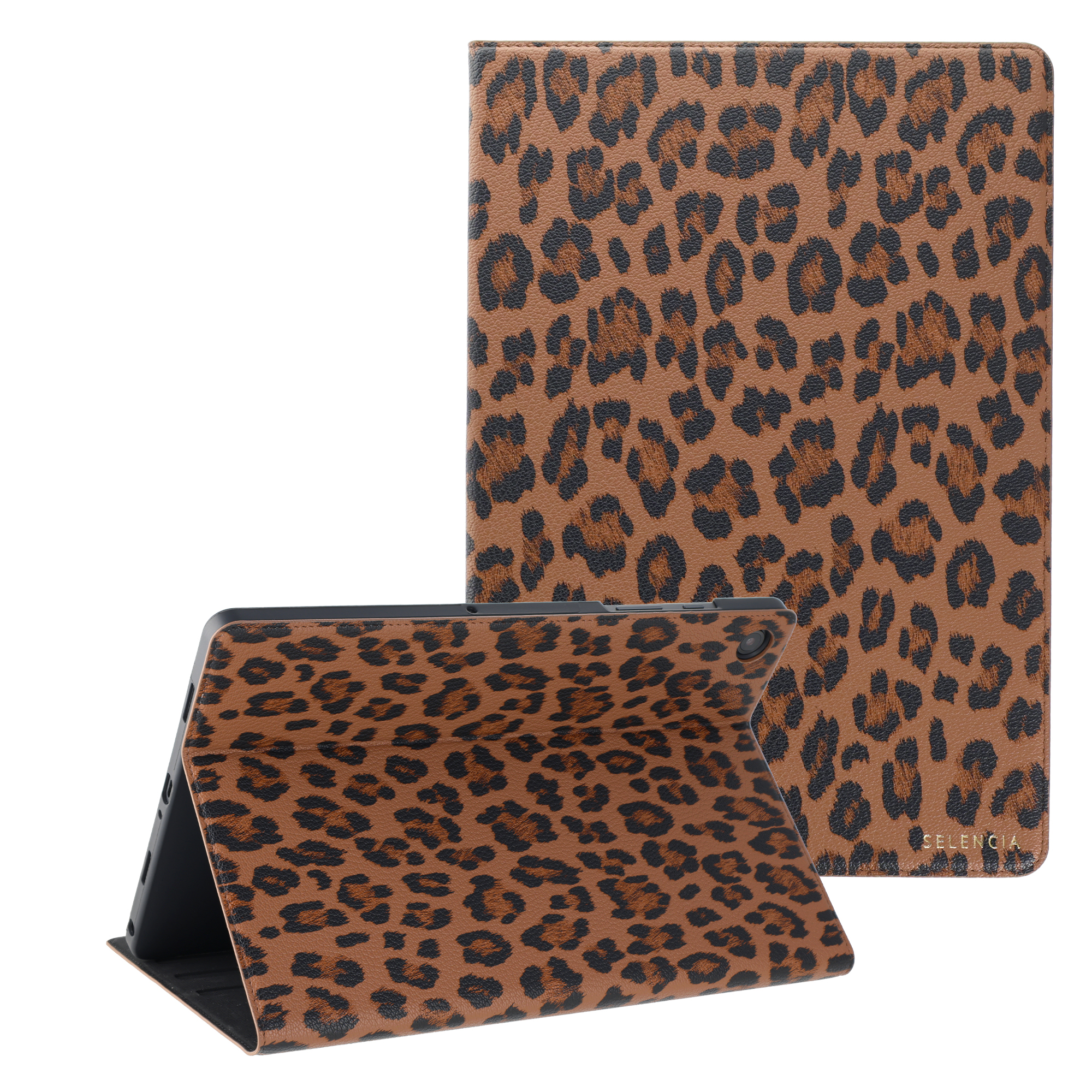 Selencia Sabi Bookcase met panterprint voor de Samsung Galaxy Tab A11 Plus - Mocha Brown