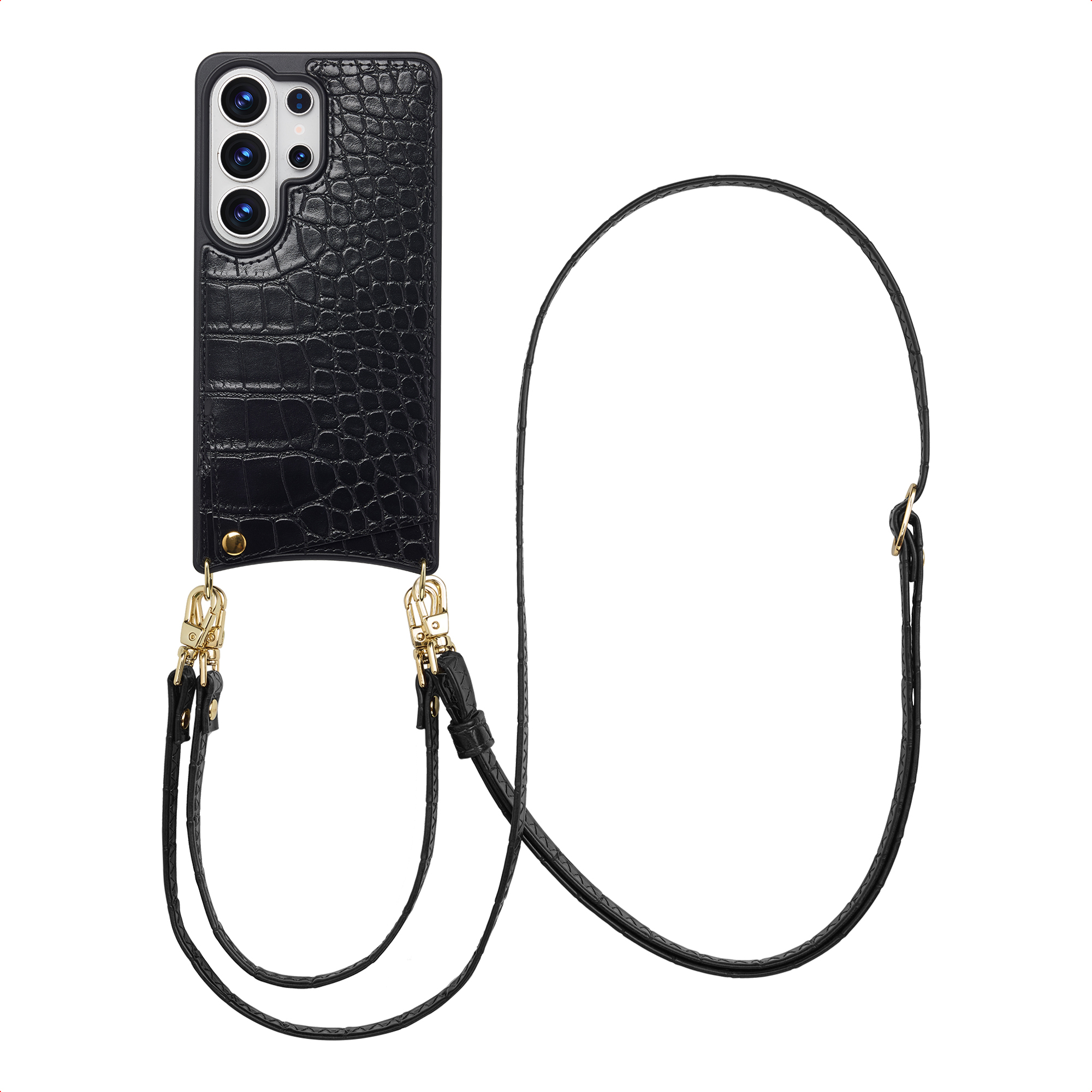 Selencia Nova Croco Telefoonhoes met Koord en Pashouder voor de Samsung Galaxy S26 Ultra - Zwart