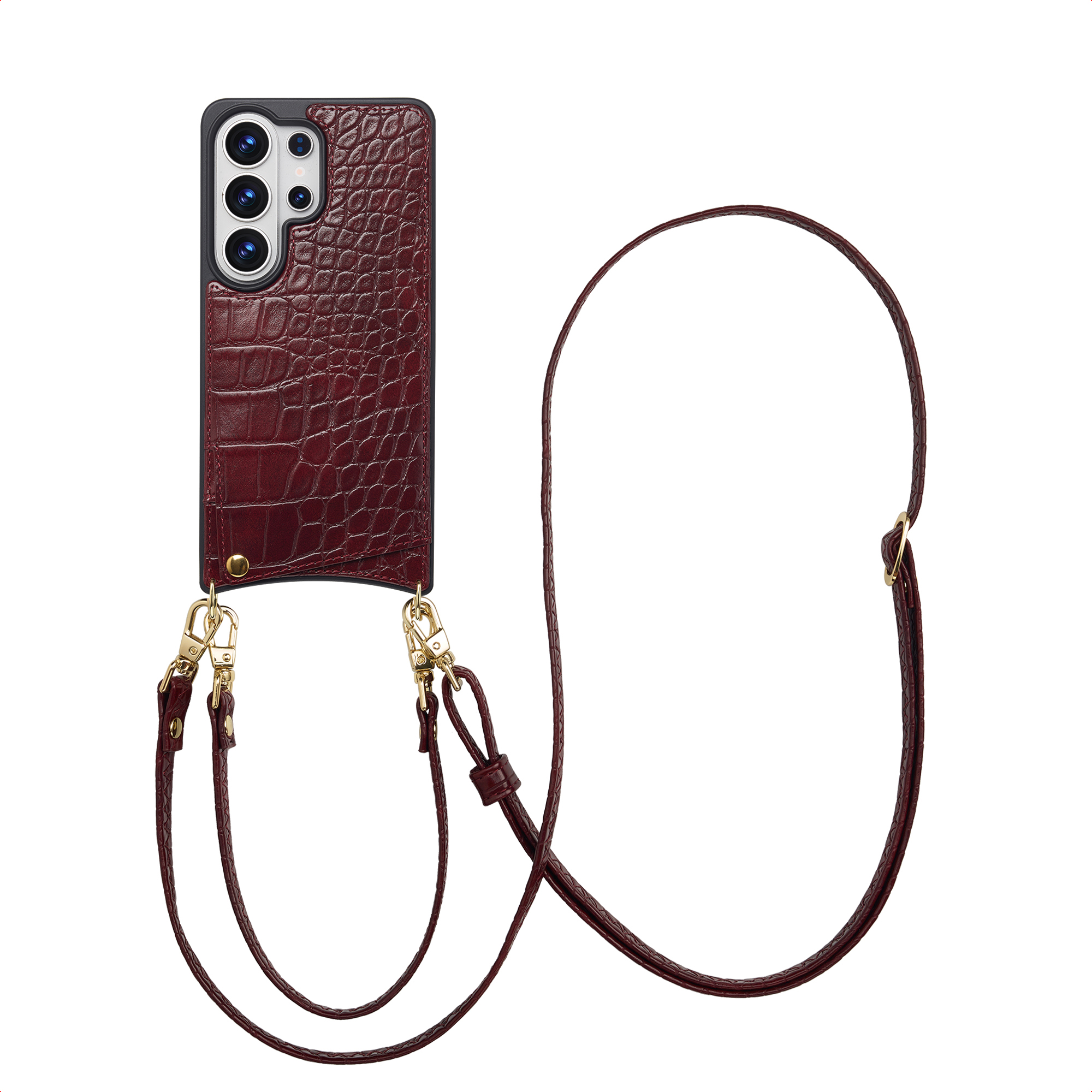 Selencia Nova Croco Telefoonhoes met Koord en Pashouder voor de Samsung Galaxy S26 Ultra - Burgundy