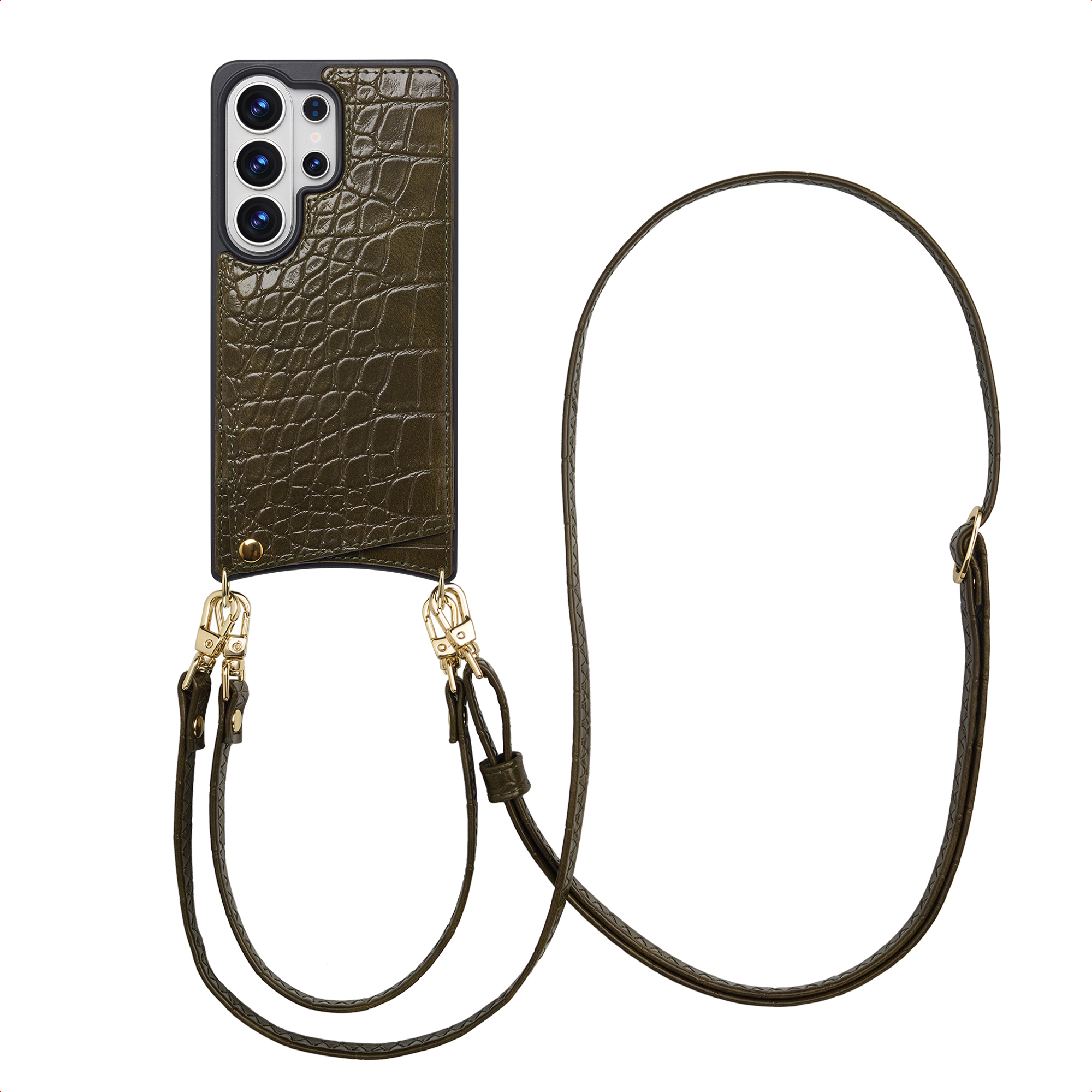 Selencia Nova Croco Telefoonhoes met Koord en Pashouder voor de Samsung Galaxy S26 Ultra - Dark Olive