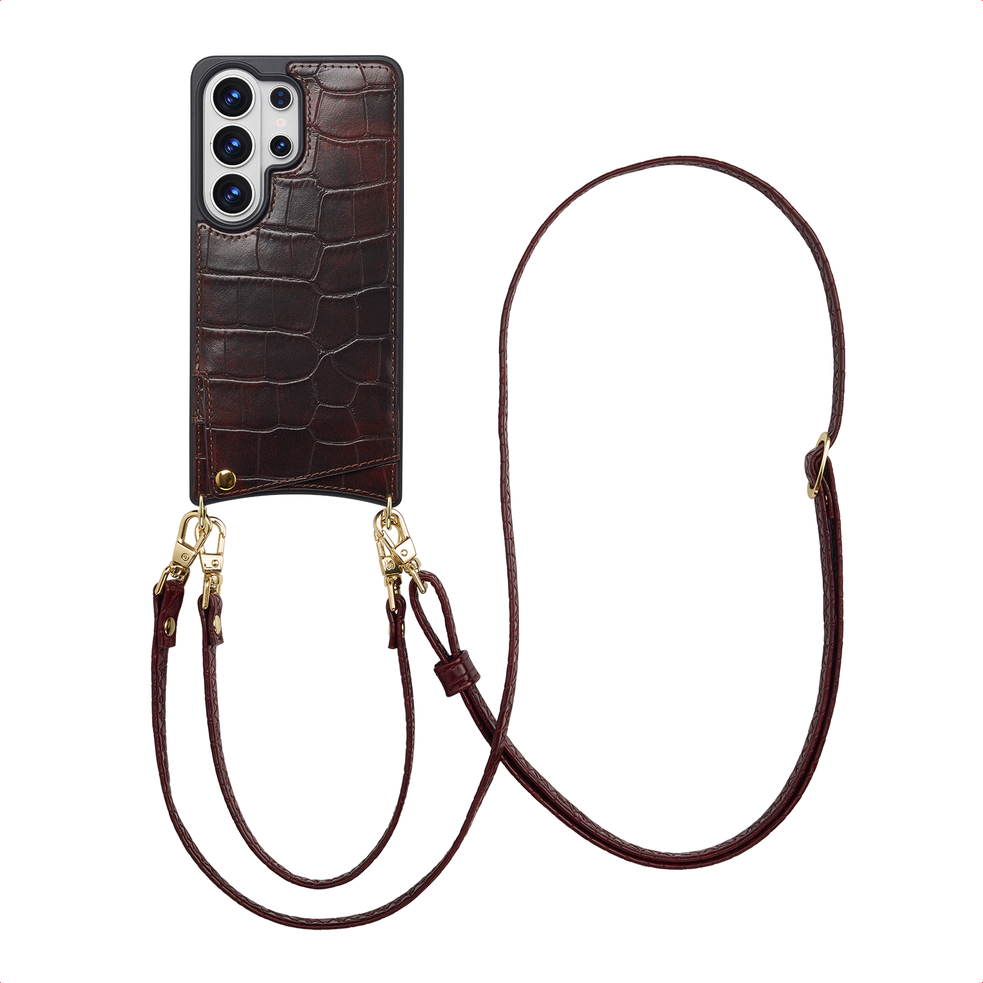 Selencia Nova Croco Telefoonhoes met Koord en Pashouder voor de Samsung Galaxy S26 Ultra - Choco Brown