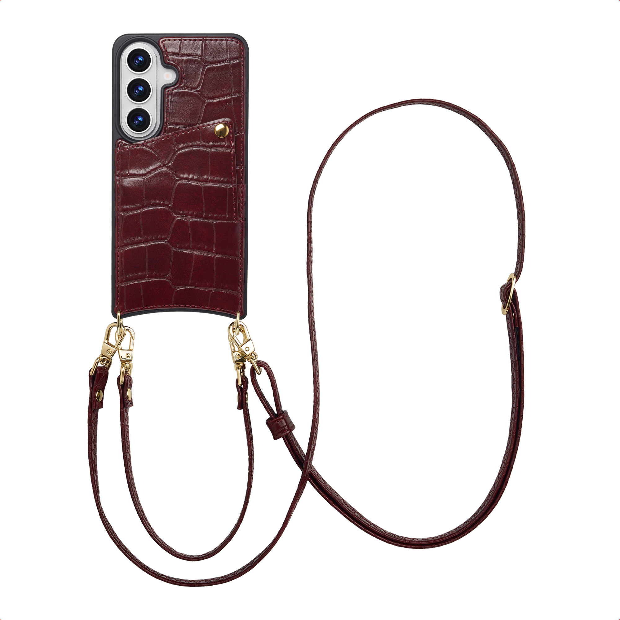 Selencia Nova Croco Telefoonhoes met Koord en Pashouder voor de Samsung Galaxy S26 - Burgundy
