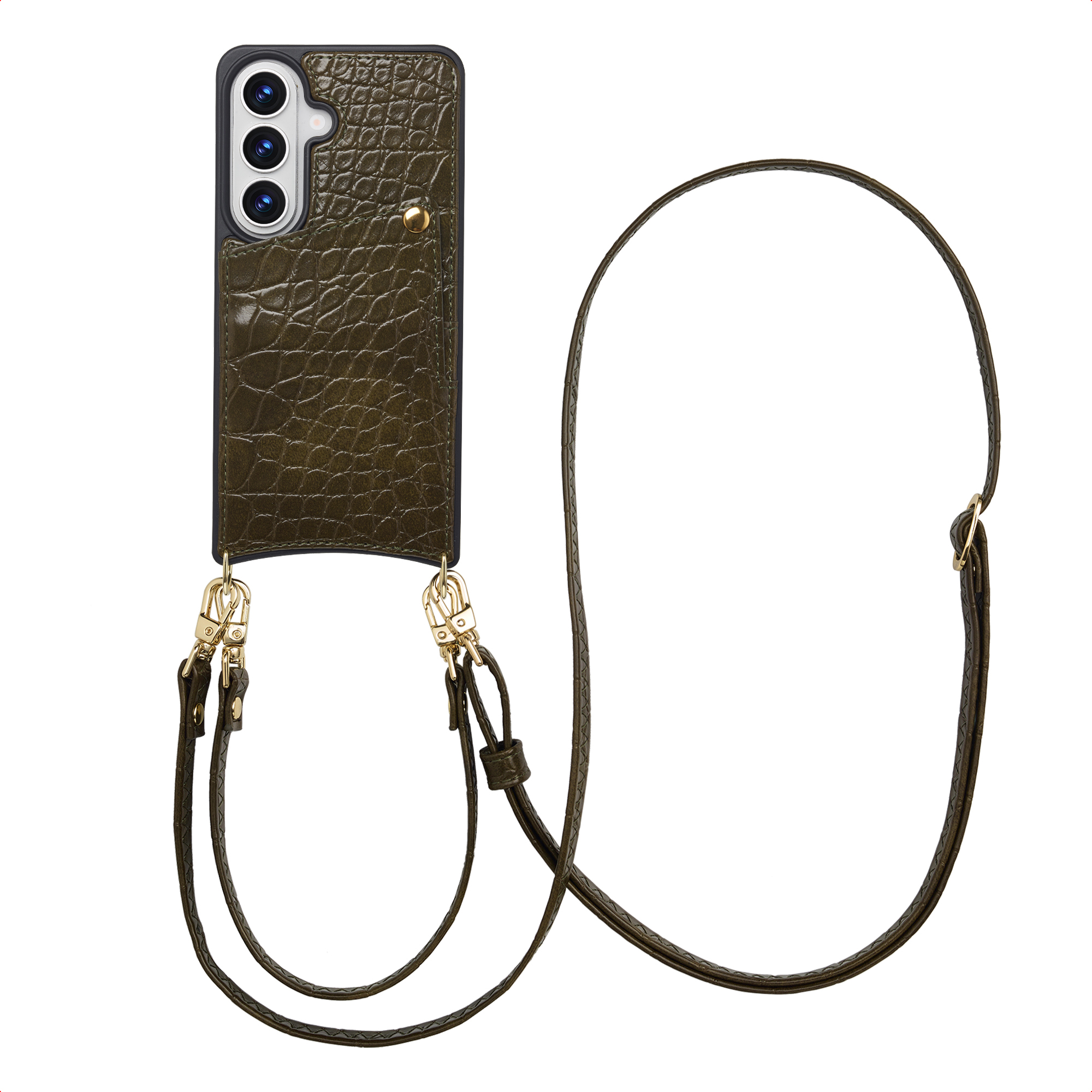 Selencia Nova Croco Telefoonhoes met Koord en Pashouder voor de Samsung Galaxy S26 - Dark Olive