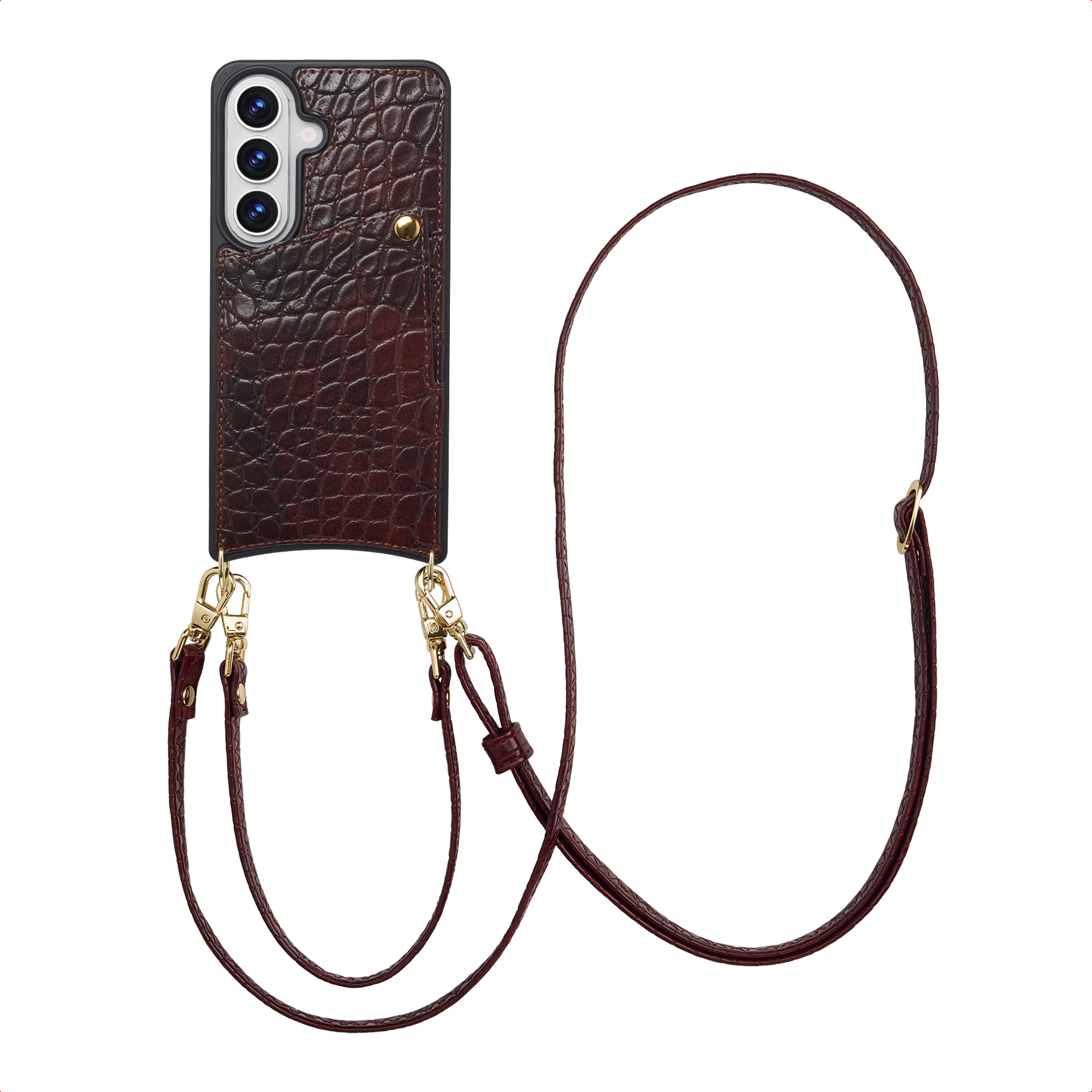 Selencia Nova Croco Telefoonhoes met Koord en Pashouder voor de Samsung Galaxy S26 - Choco Brown