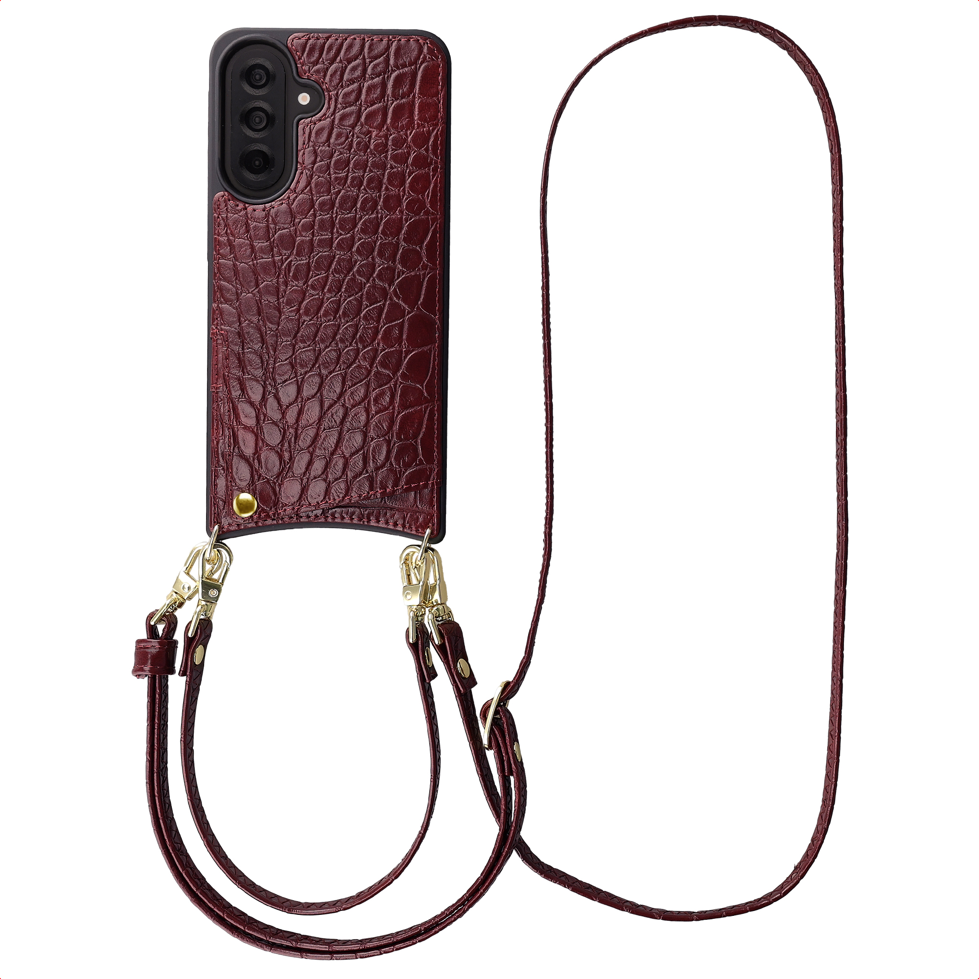 Selencia Nova Croco Telefoonhoes met Koord en Pashouder voor de Samsung Galaxy A37 (5G) - Burgundy