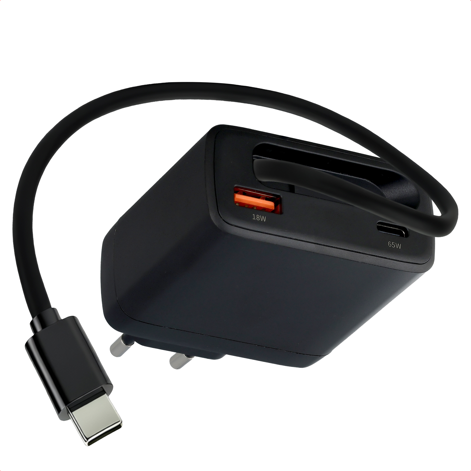 imoshion GaN Oplader met uittrekbare USB-C kabel 65W - USB-A + USB-C - Zwart