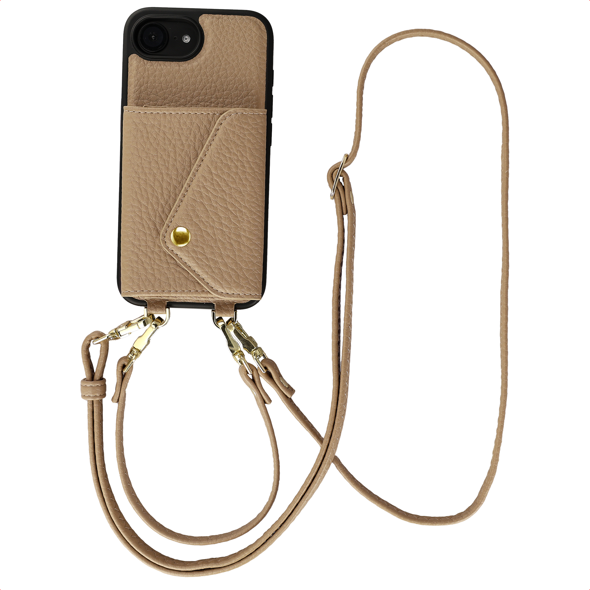 Selencia Sera Telefoonhoes met Koord en Envelop Pashouder voor de Apple iPhone 17e / 16e - Taupe