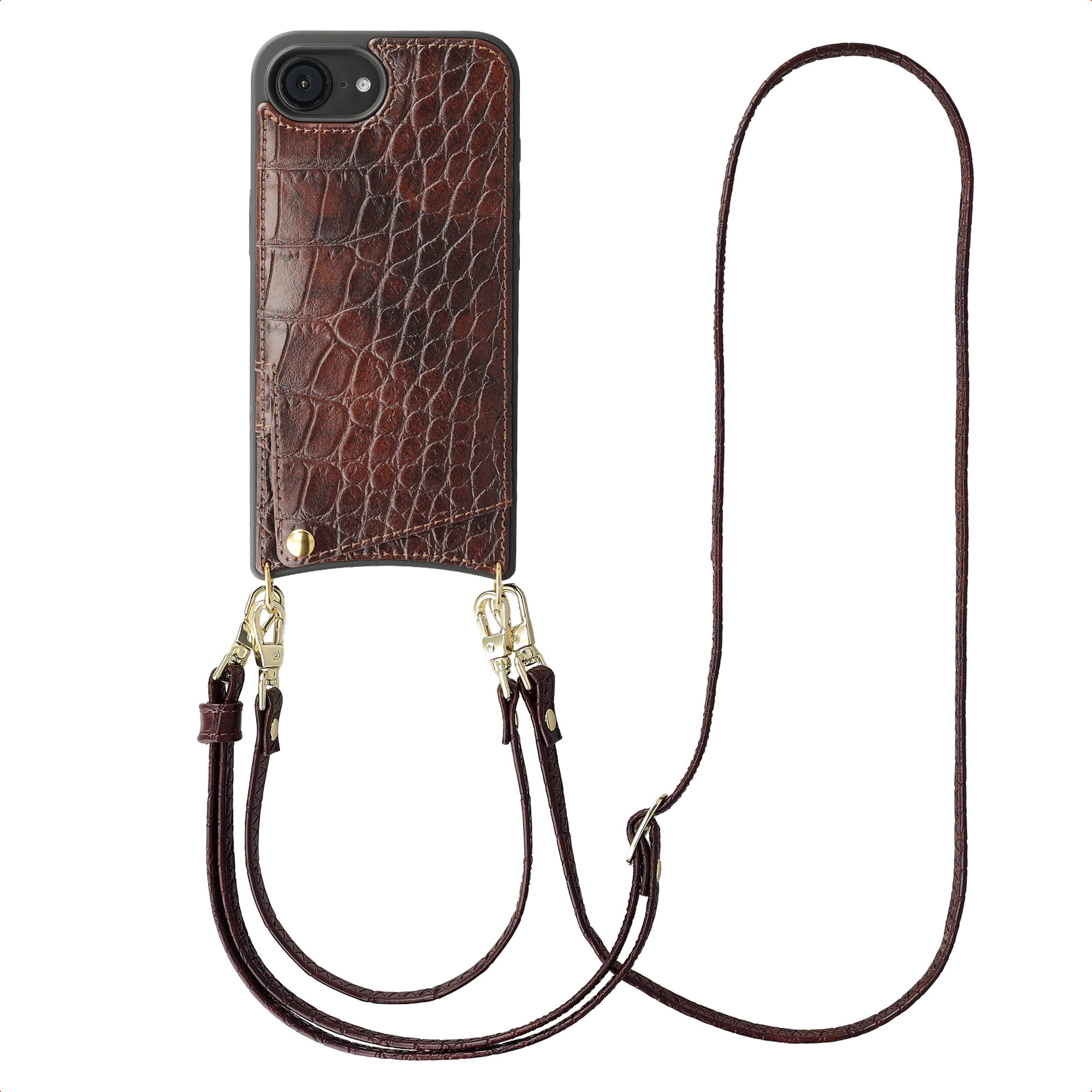 Selencia Nova Croco Telefoonhoes met Koord en Pashouder voor de Apple iPhone 17e / 16e - Burgundy