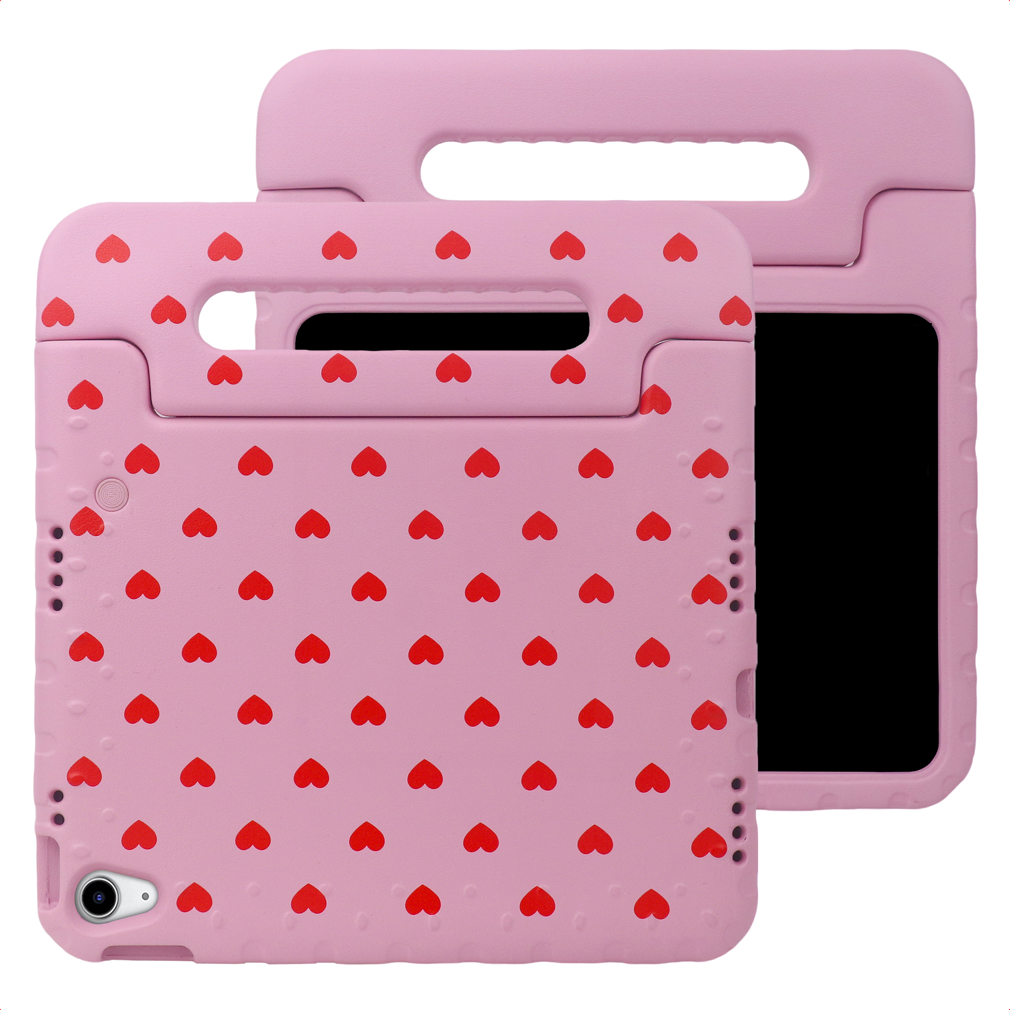 imoshion Kidsproof Design Backcover met handvat voor de Apple iPad 11 (2025) 11 inch A16 / iPad 10 (2022) 10.9 inch - Rode hartjes