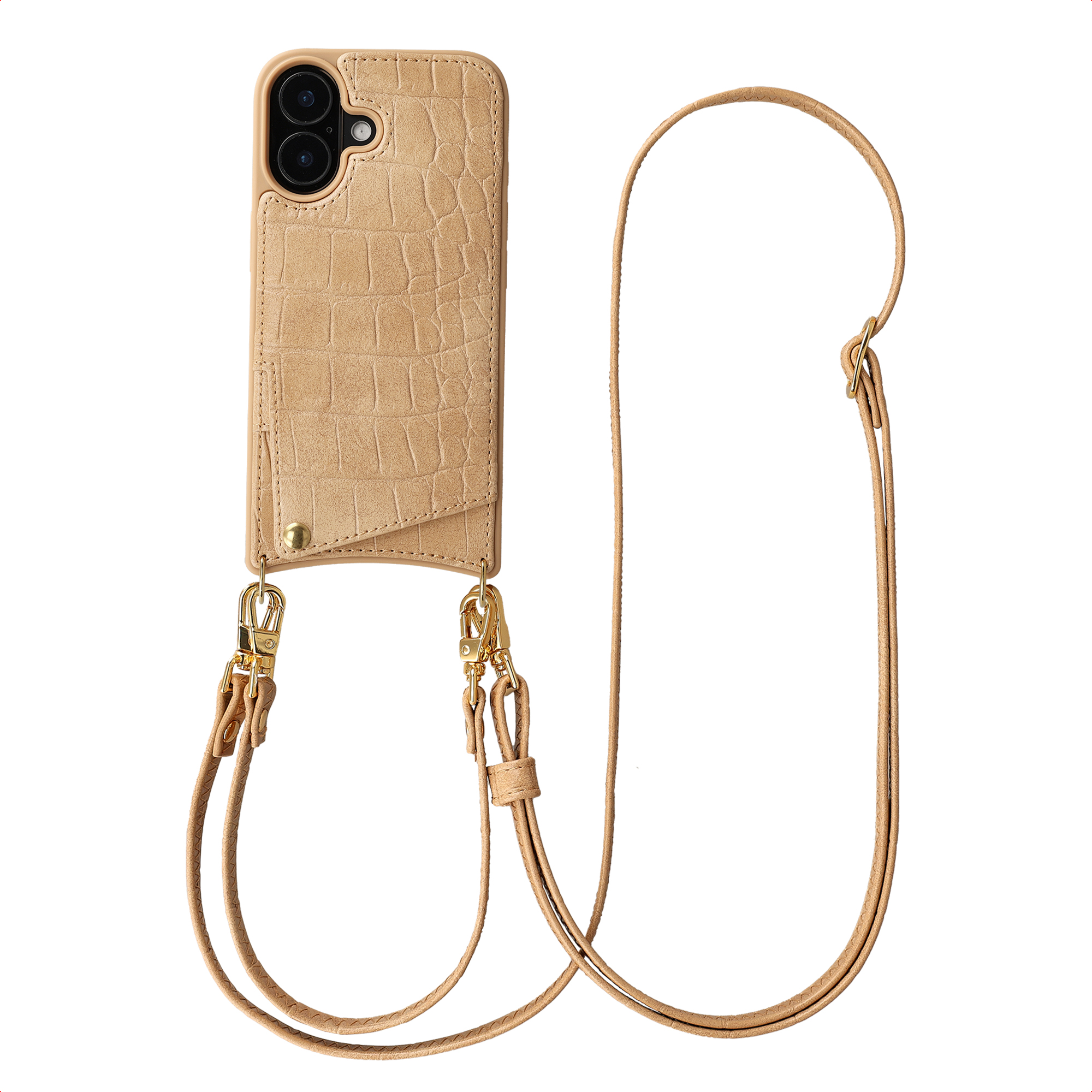 Selencia Nova Croco Telefoonhoes met Koord en Pashouder voor de Apple iPhone 16 - Toasted Almond