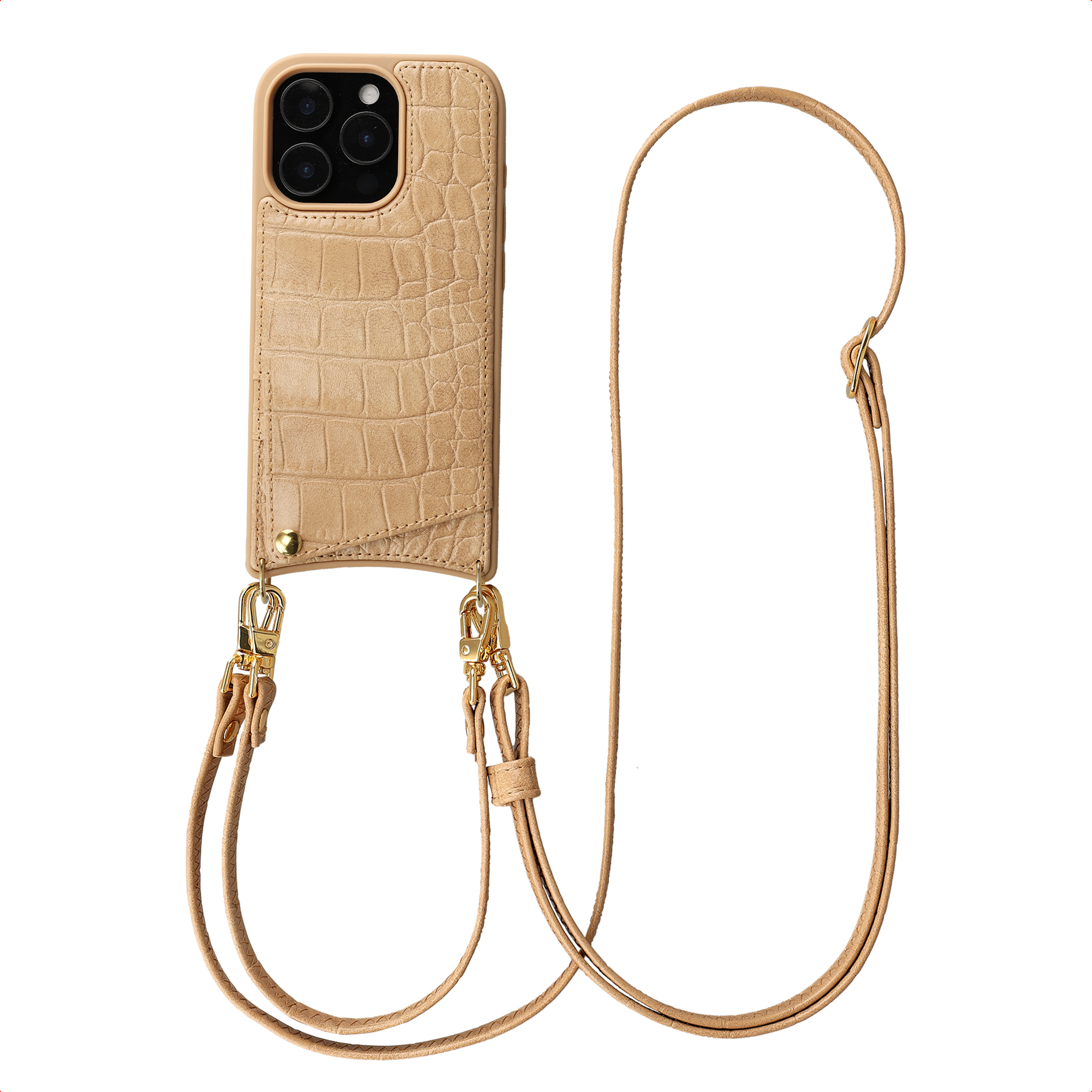 Selencia Nova Croco Telefoonhoes met Koord en Pashouder voor de Apple iPhone 16 Pro - Toasted Almond