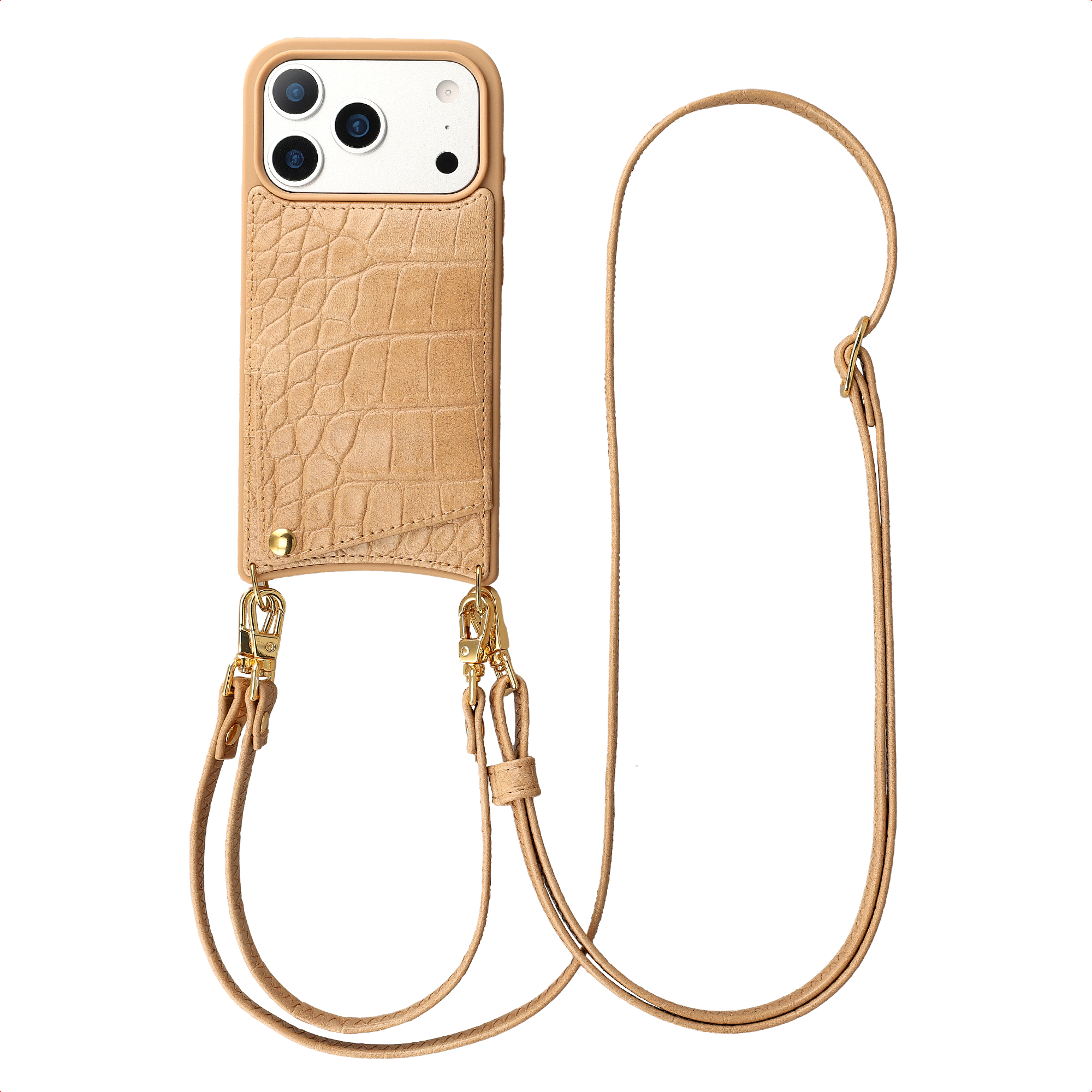 Selencia Nova Croco Telefoonhoes met Koord en Pashouder voor de Apple iPhone 17 Pro - Toasted Almond