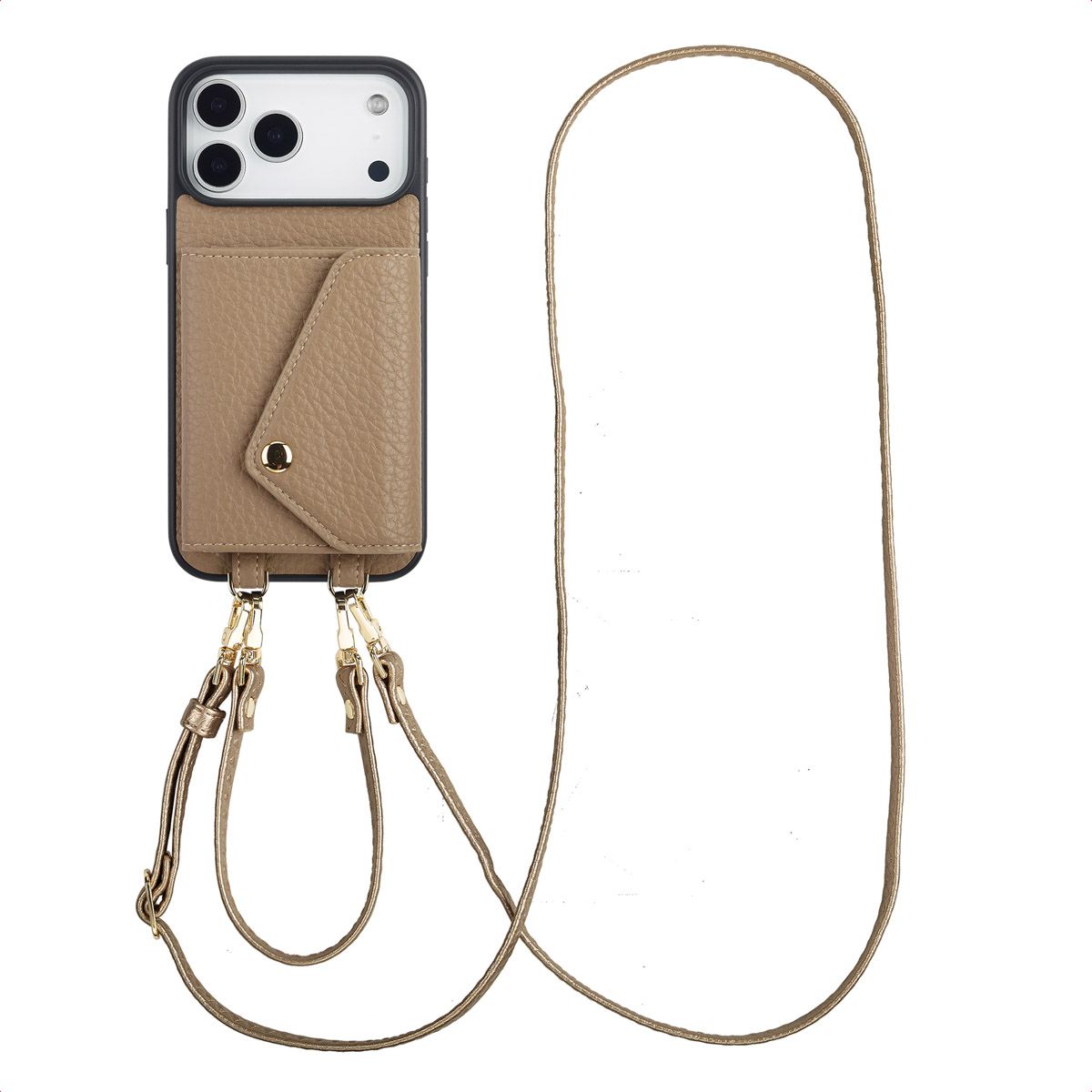 Selencia Sera Telefoonhoes met Koord en Envelop Pashouder voor de Apple iPhone 18 Pro Max / 17 Pro Max - Taupe