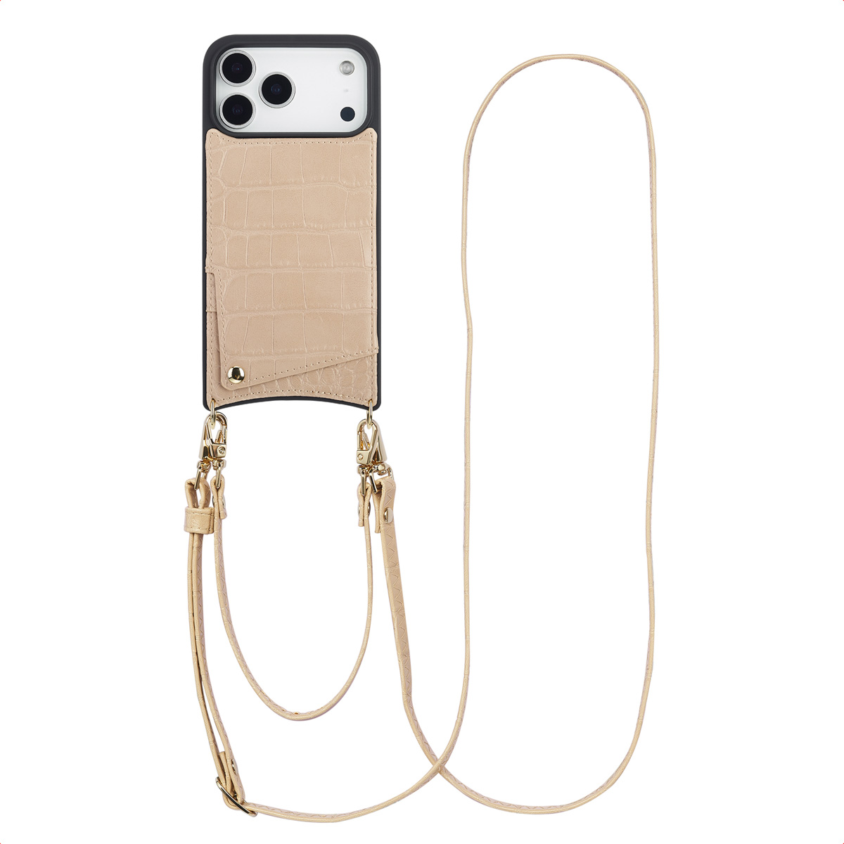 Selencia Nova Croco Telefoonhoes met Koord en Pashouder voor de Apple iPhone 18 Pro Max / 17 Pro Max - Beige