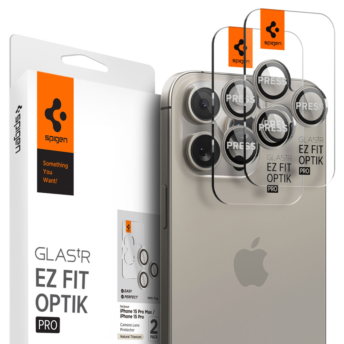 Spigen Optik Pro EZ Fit Lens Protector - Cameralens bescherming (2-pack) voor de Apple iPhone 16 Pro (Max) / 15 Pro (Max) - Natural Titanium